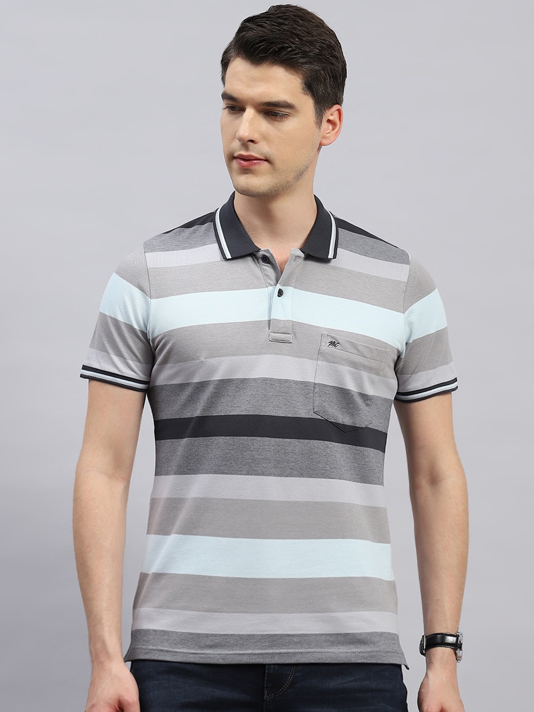 

Monte Carlo Striped Polo Collar Regular Fit T-shirt, Grey