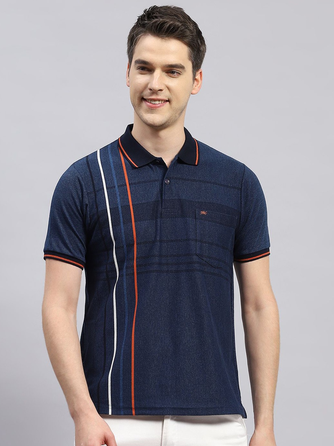 

Monte Carlo Striped Polo Collar Cotton Casual T-shirt, Navy blue