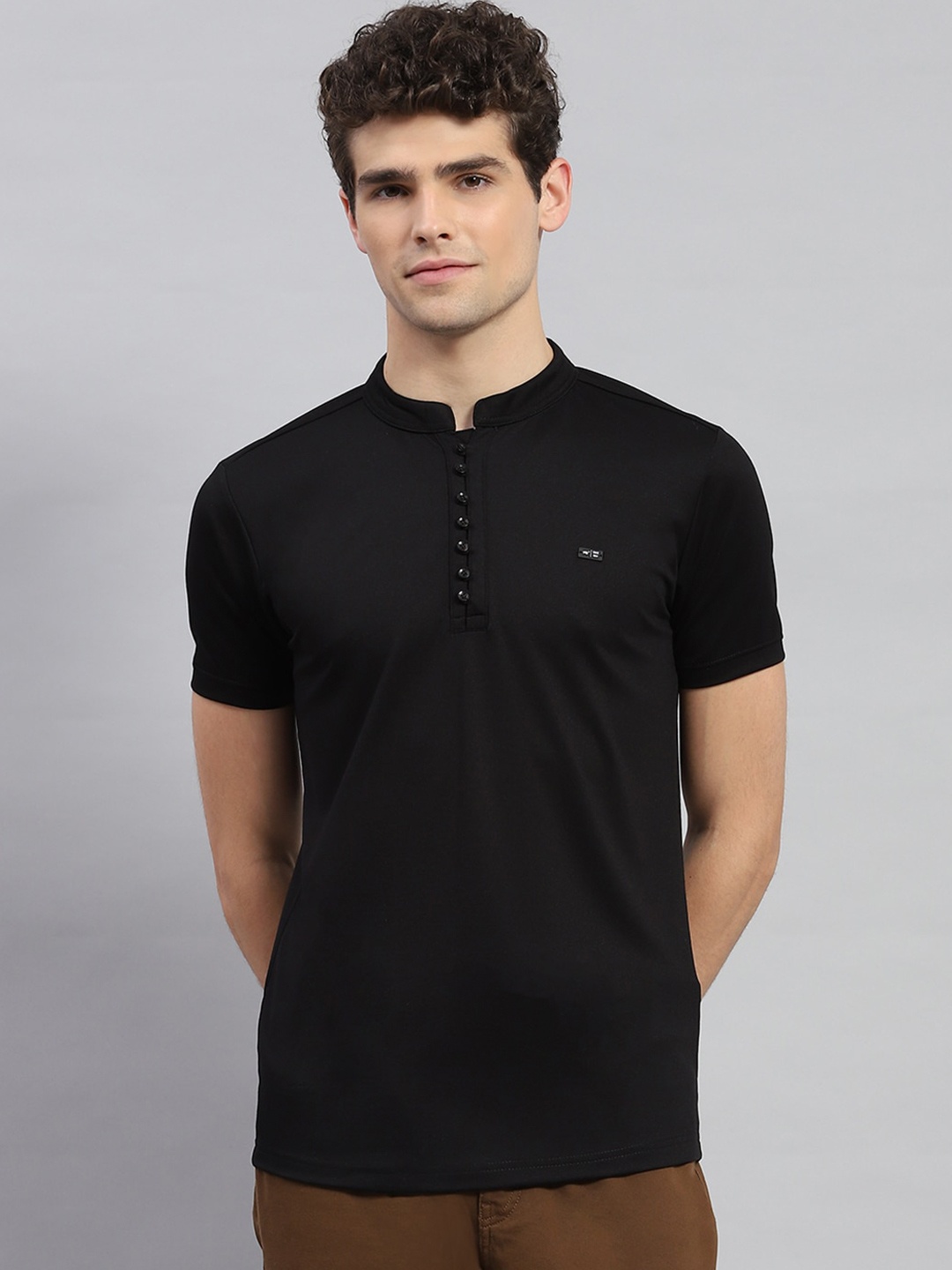 

Monte Carlo Mandarin Collar Short Sleeves Cotton Casual T-shirt, Black