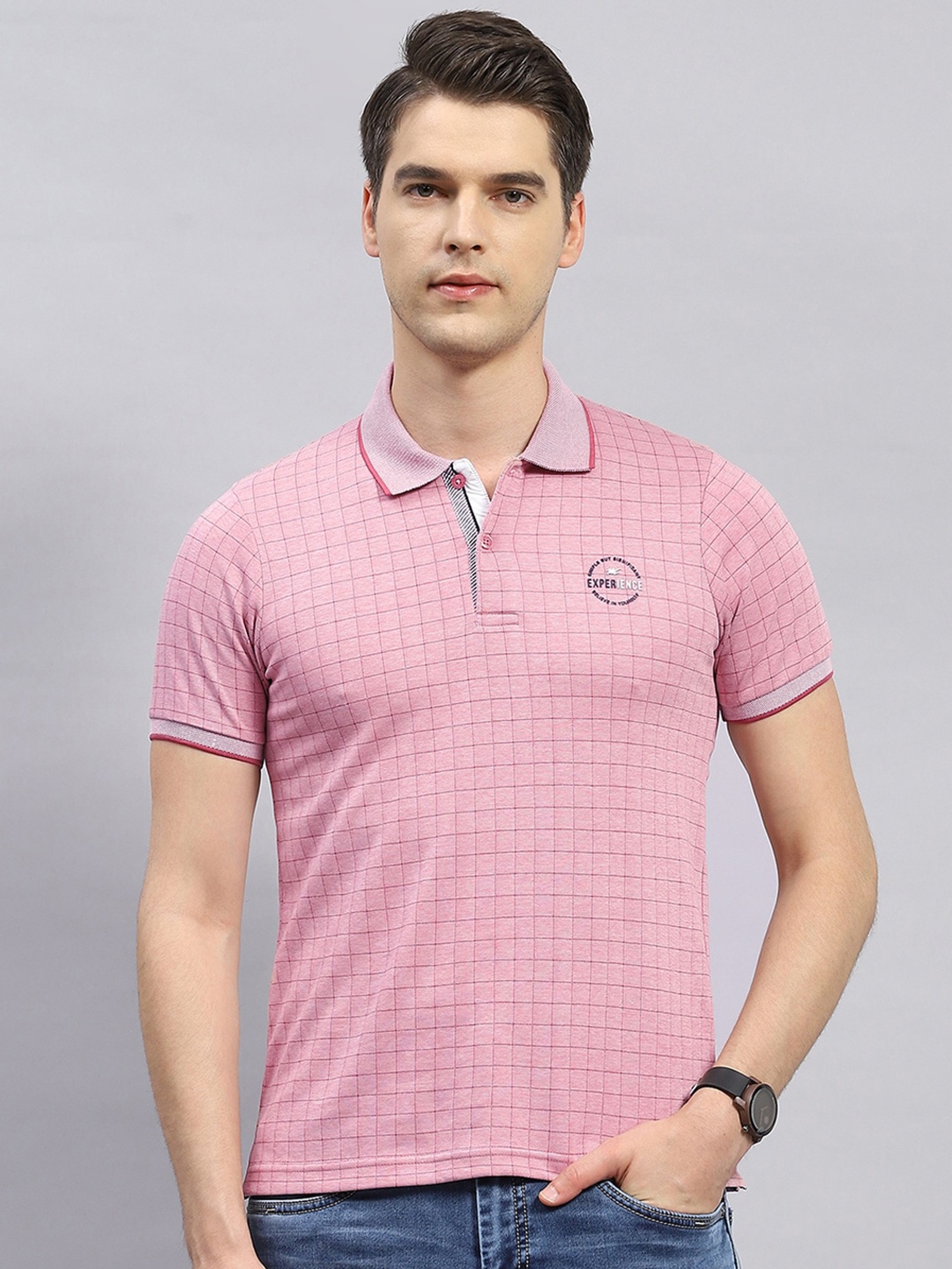 

Monte Carlo Checked Polo Collar Short Sleeves T-shirt, Pink