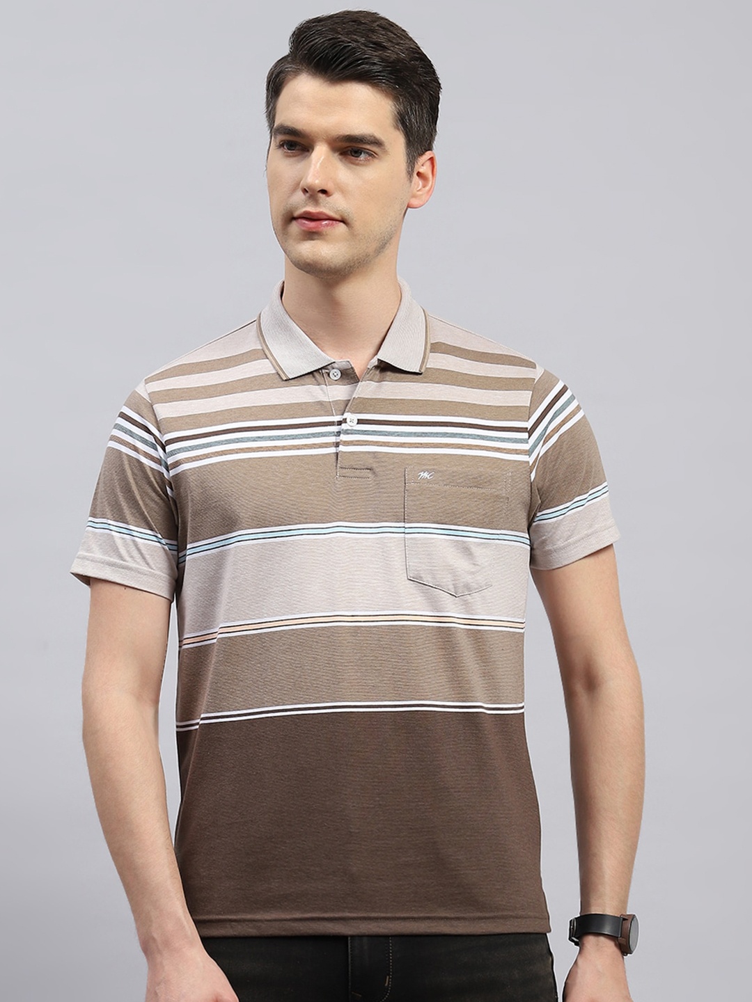 

Monte Carlo Striped Polo Collar Cotton Casual T-shirt, Brown