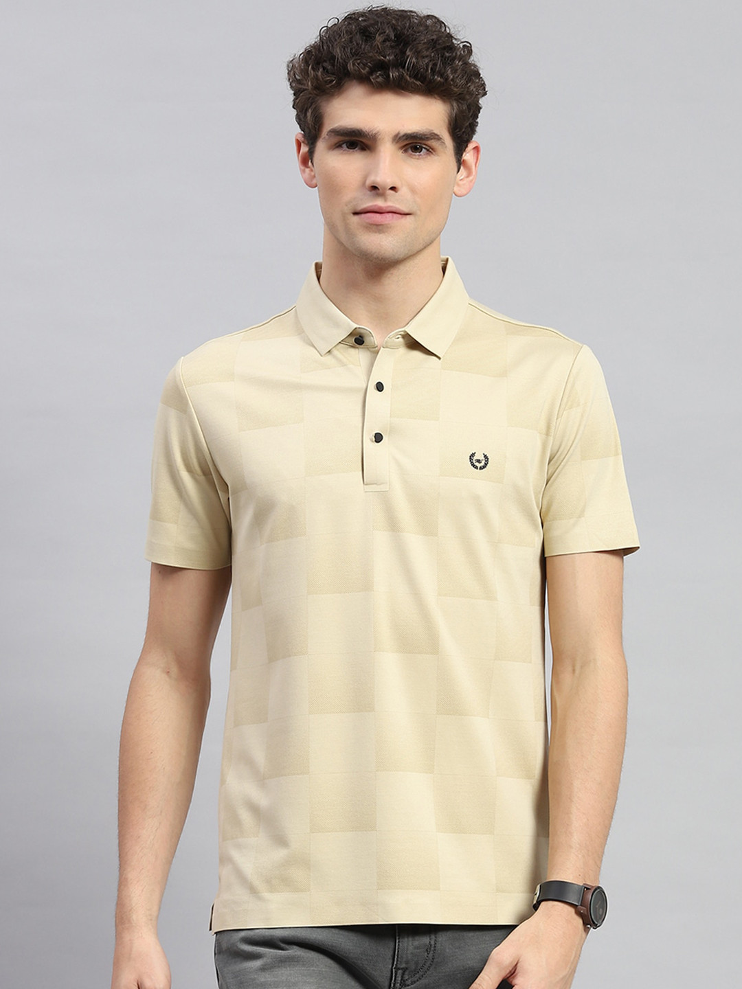 

Monte Carlo Geometric Printed Polo Collar T-shirt, Beige