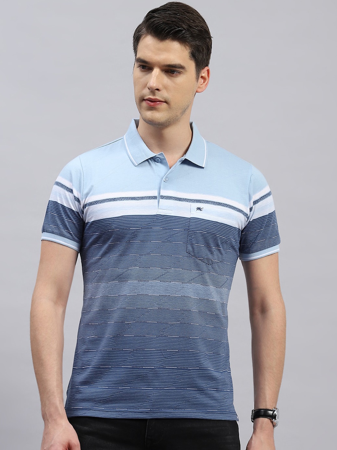 

Monte Carlo Striped Polo Collar Cotton Casual T-shirt, Blue