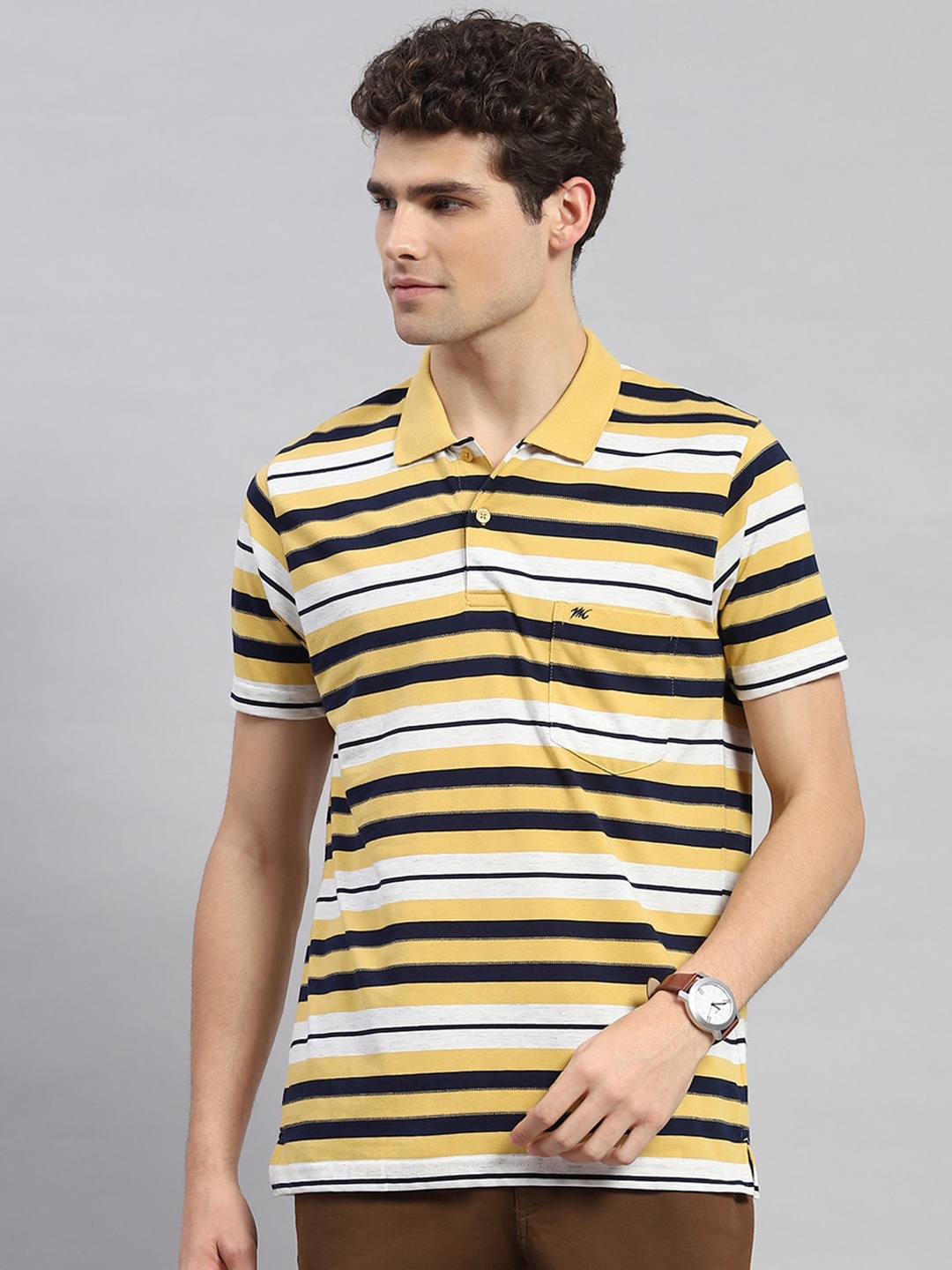 

Monte Carlo Polo Collar Short Sleeves Striped Cotton Regular Fit T-shirt, Yellow