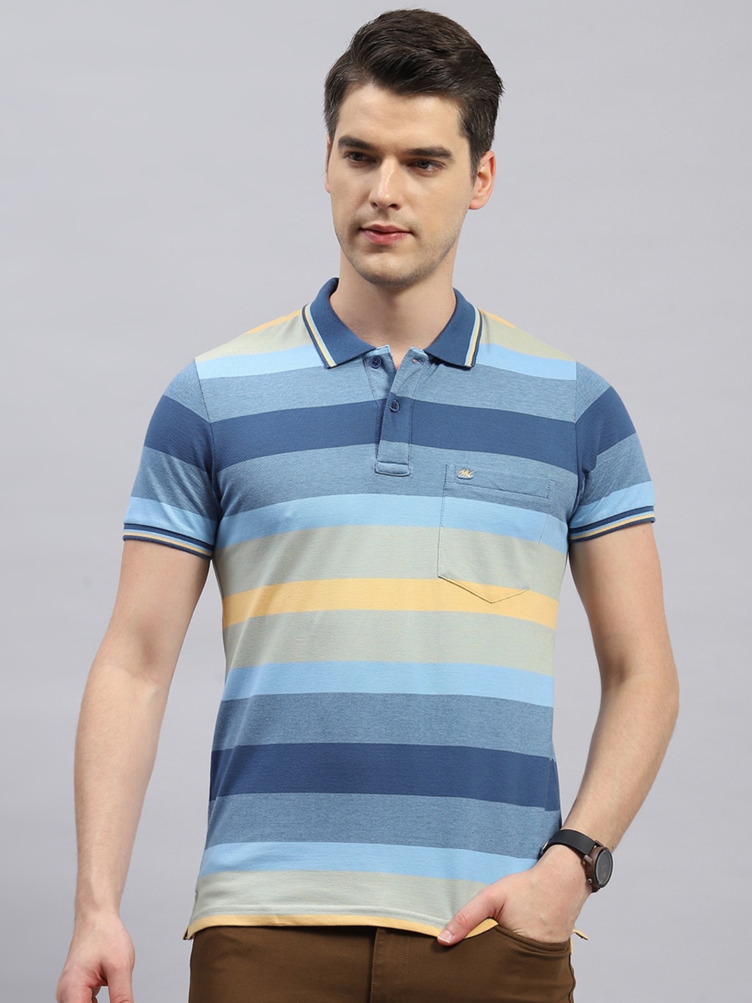 

Monte Carlo Striped Polo Collar Cotton Pockets T-shirt, Blue