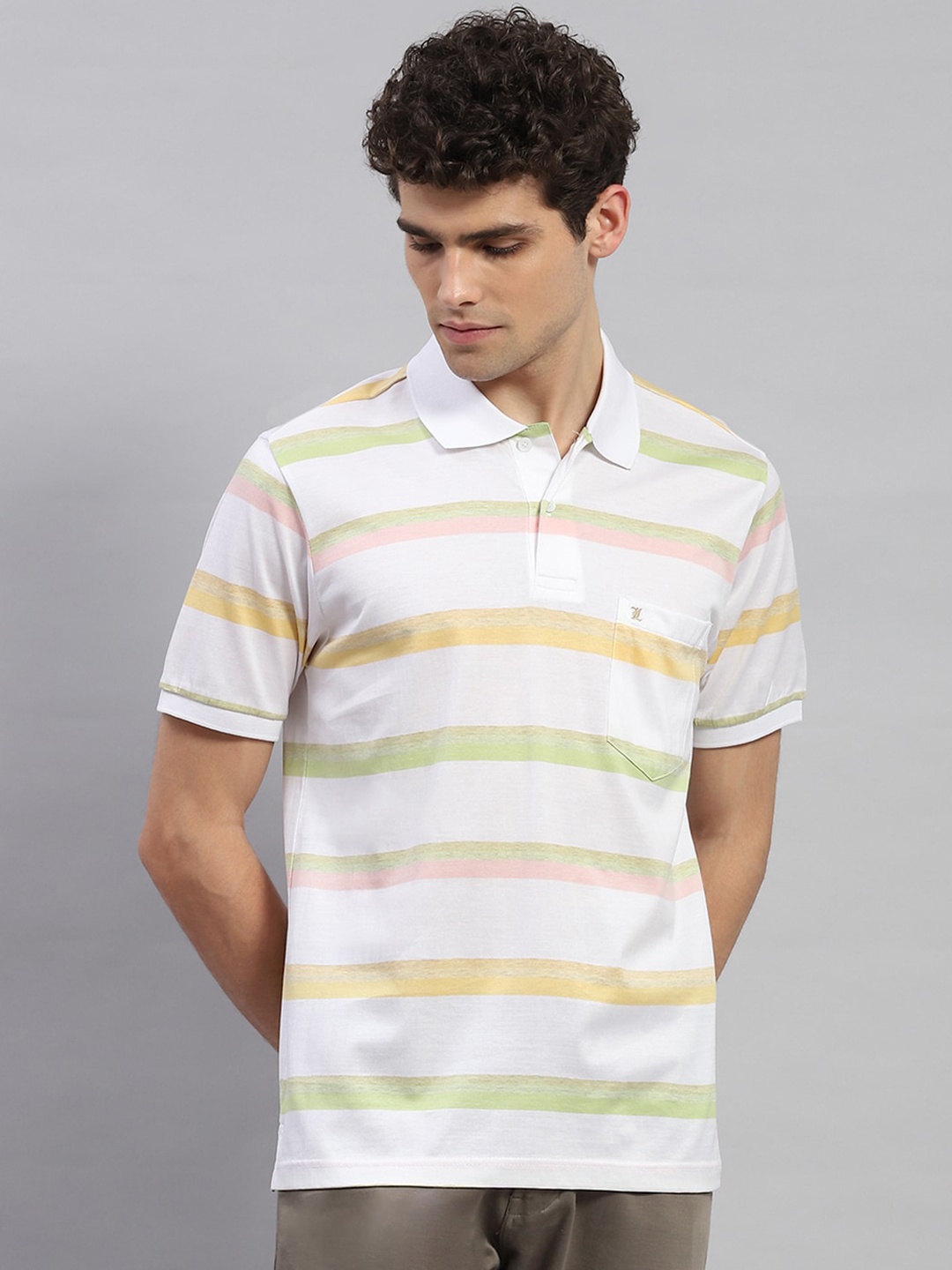 

Monte Carlo Striped Polo Collar Short Sleeves Pockets Cotton T-shirt, White