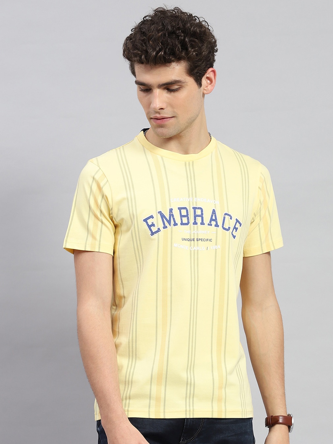 

Monte Carlo Striped Round Neck Cotton Casual T-shirt, Yellow