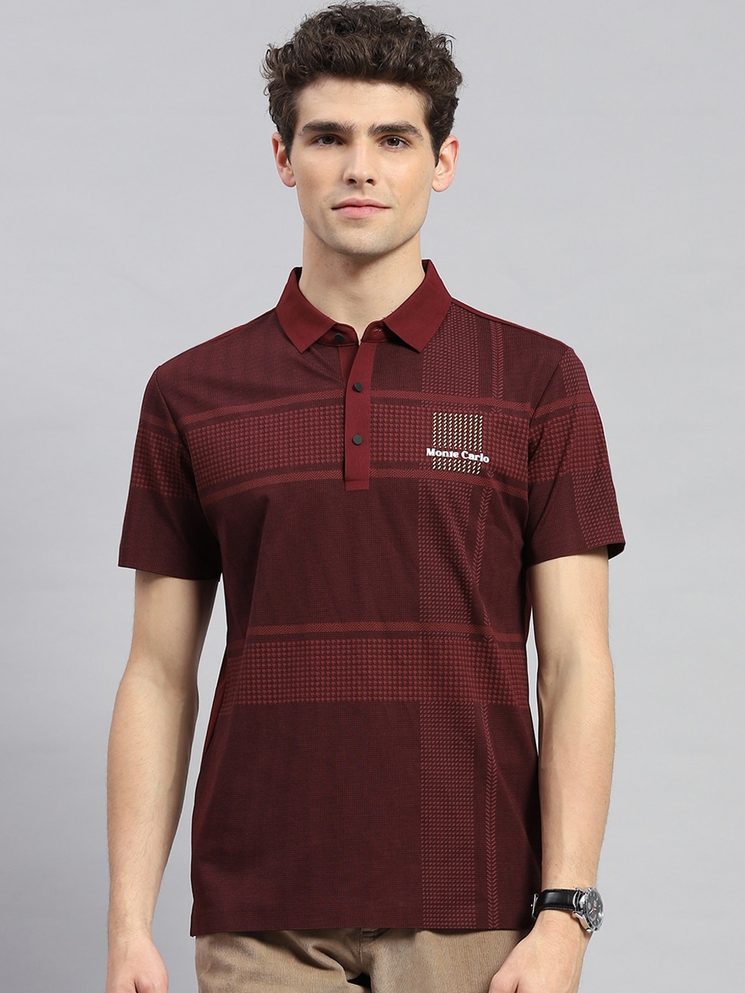 

Monte Carlo Geometric Printed Polo Collar T-shirt, Maroon