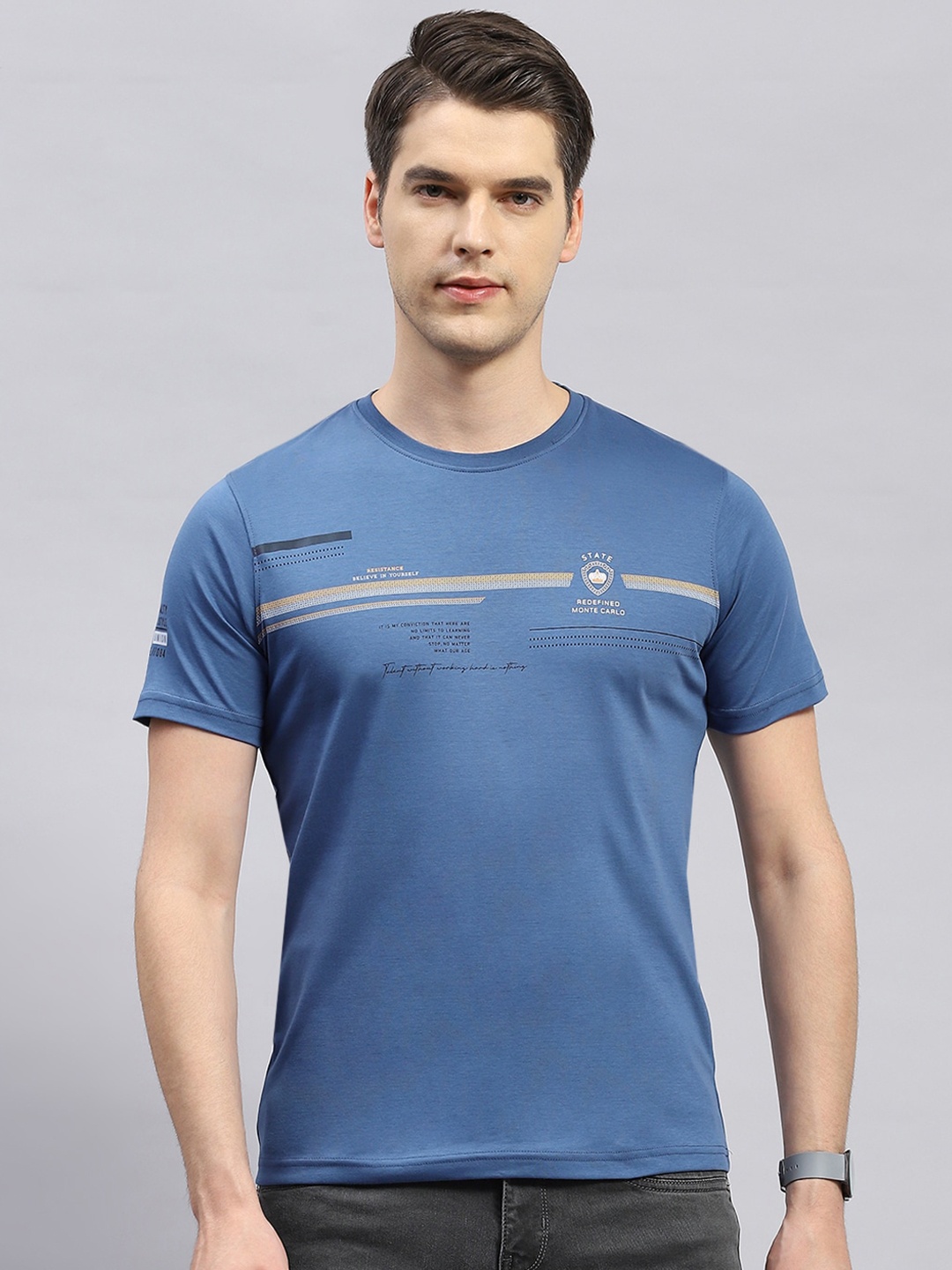 Monte Carlo Typography Printed Round Neck Short Sleeves T-shirt, Blue