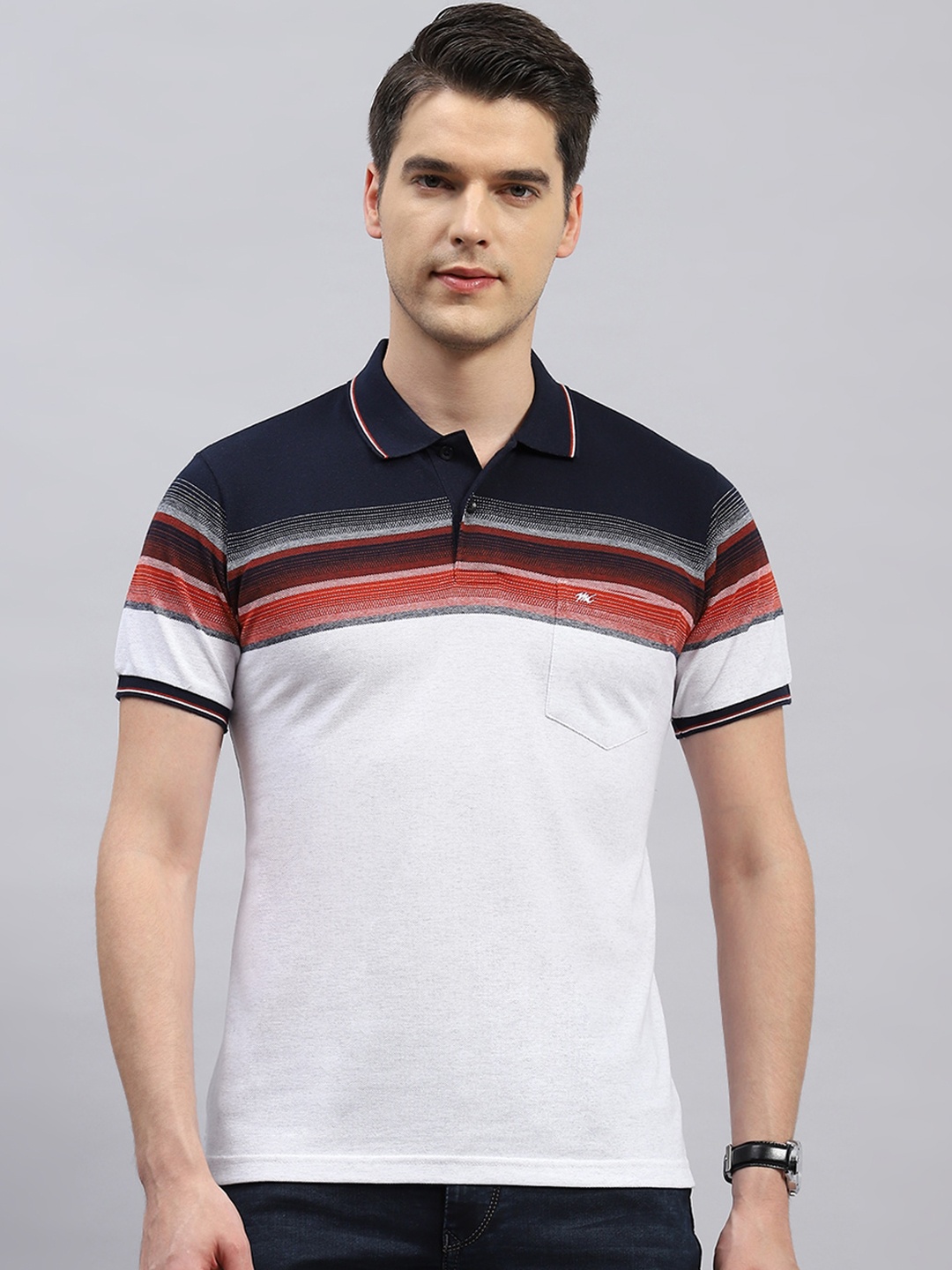 

Monte Carlo Colourblocked Polo Collar Pockets Cotton T-shirt, White