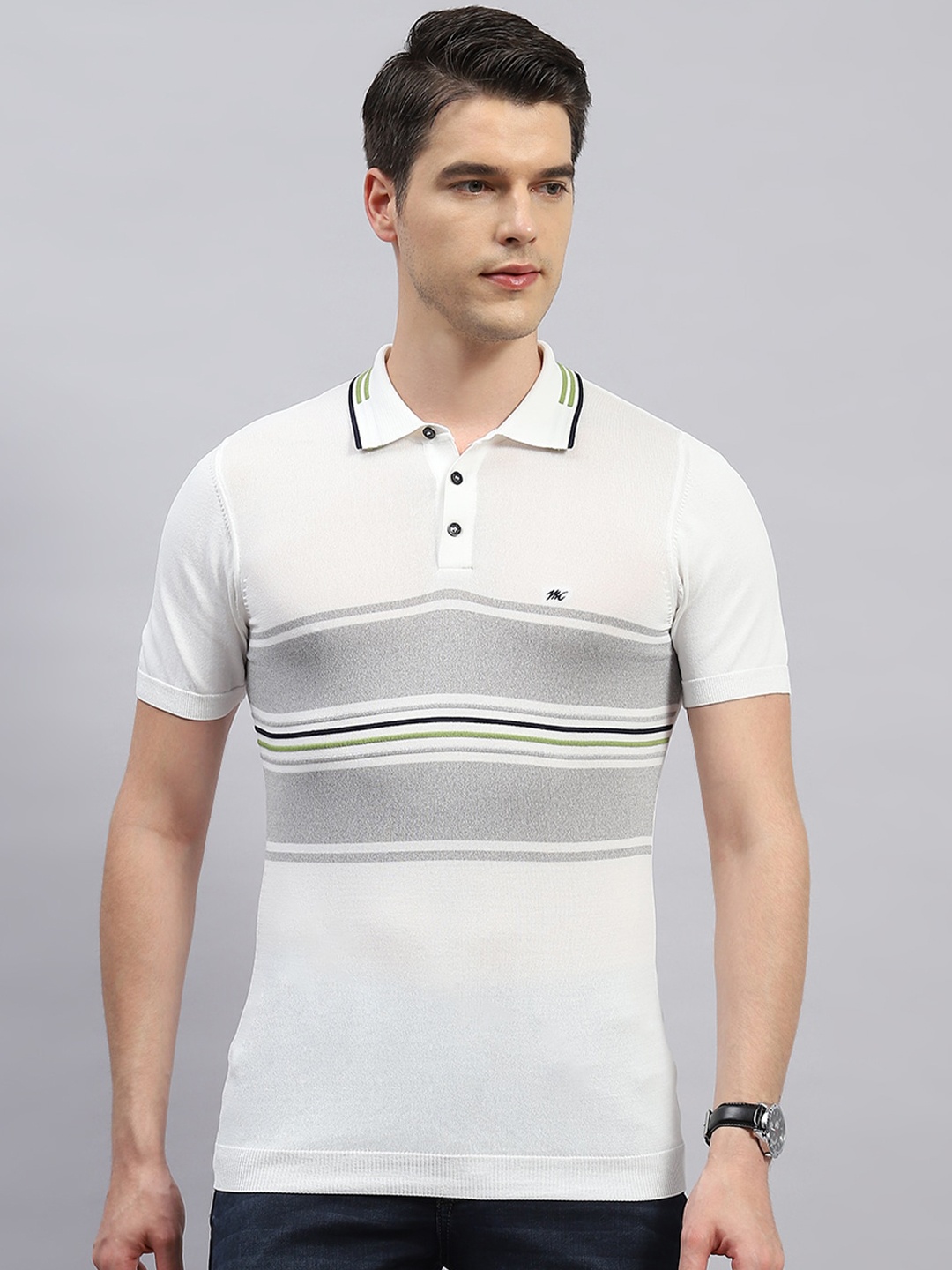 

Monte Carlo Polo Collar Short Sleeves Striped Rayon Regular Fit T-shirt, White