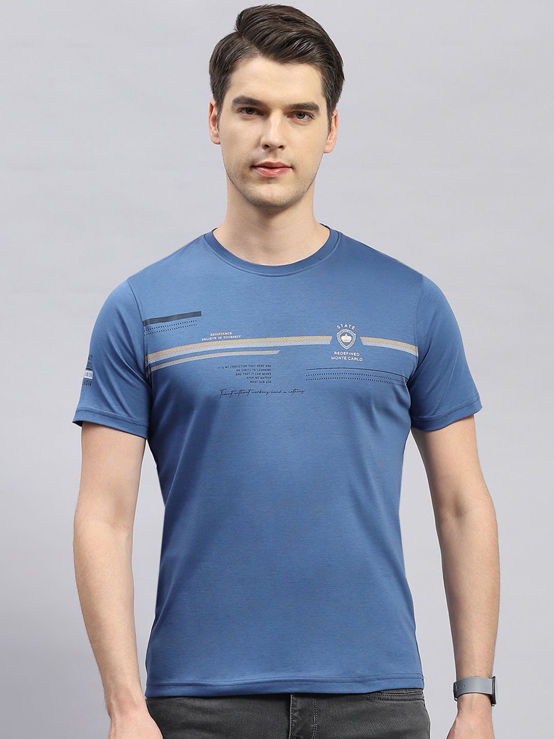 Monte Carlo Round Neck Typography Printed Cotton T-shirt, Blue