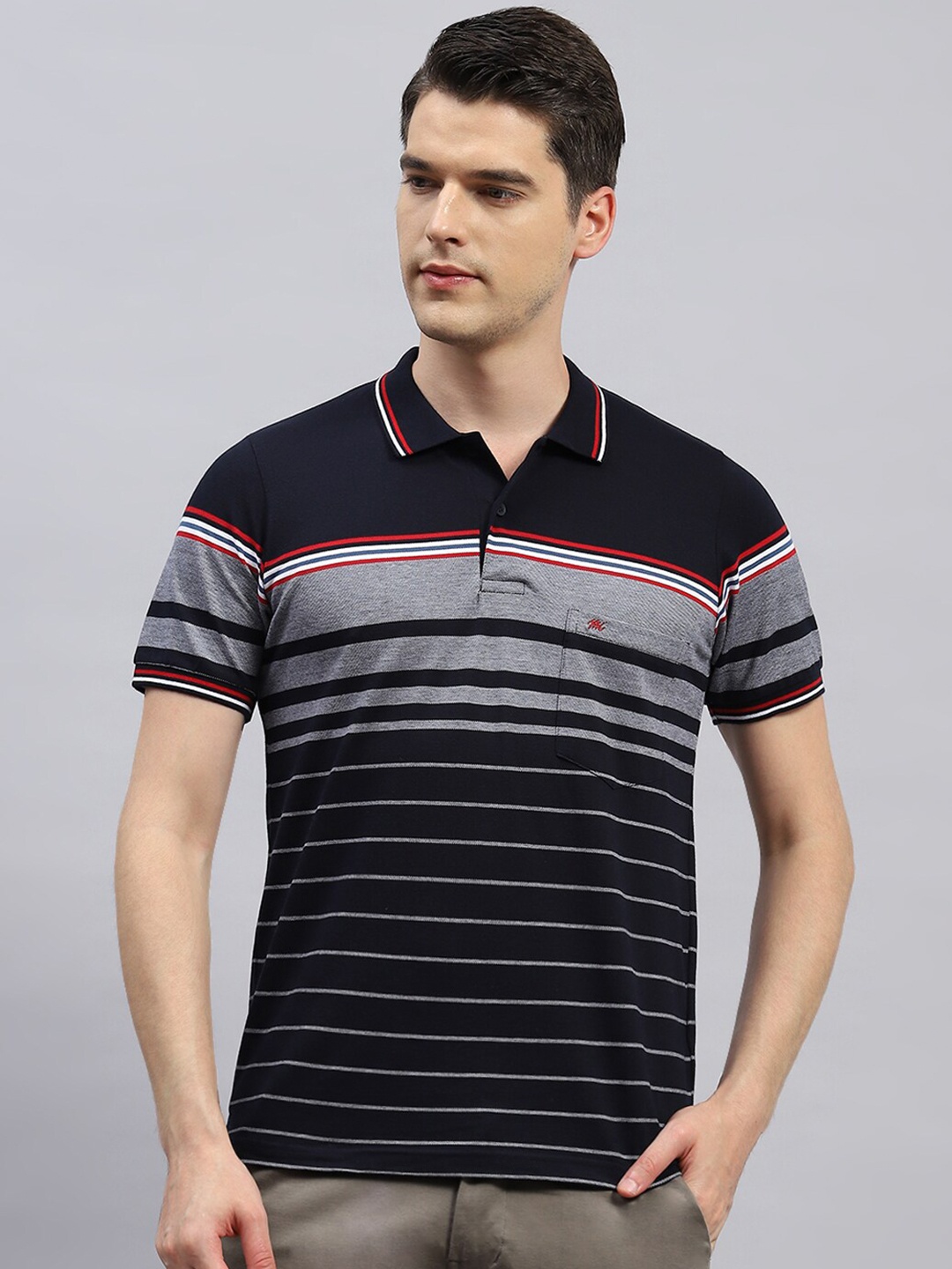 

Monte Carlo Striped Polo Collar Cotton T-shirt, Navy blue