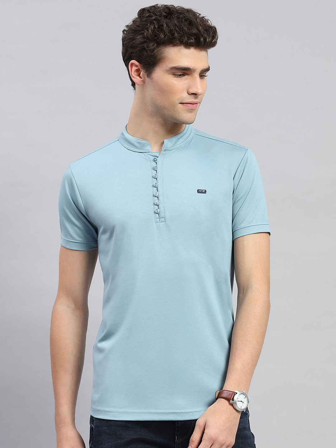 

Monte Carlo Short Sleeves Cotton Mandarin Collar T-shirt, Blue