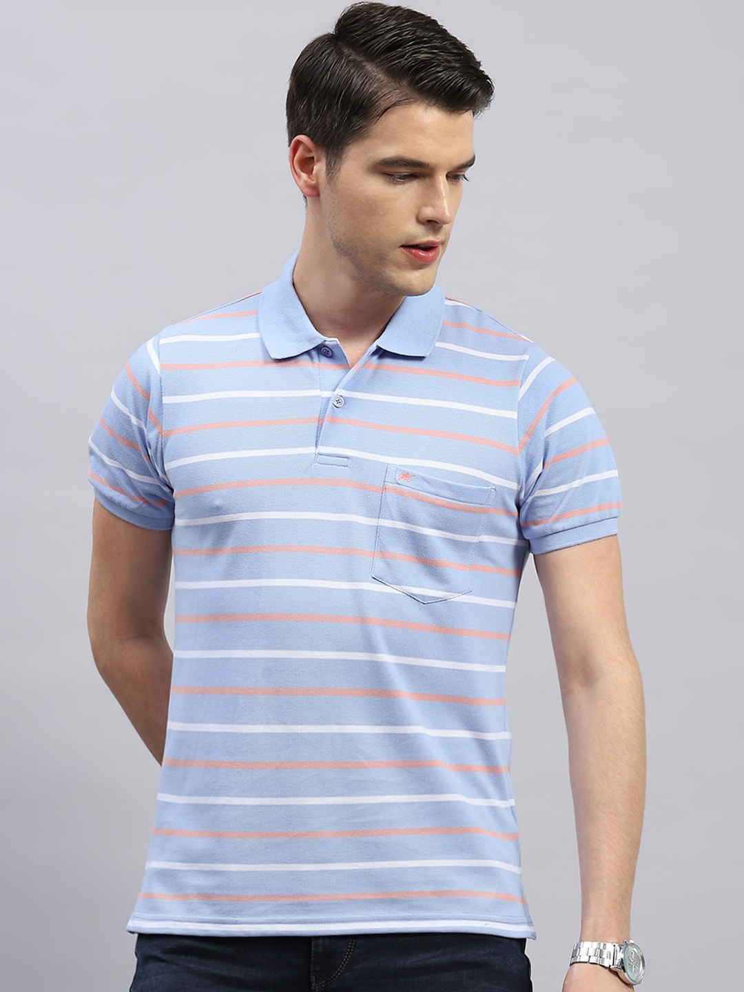 

Monte Carlo Striped Polo Collar Short Sleeves Cotton Regular Fit T-shirt, Blue