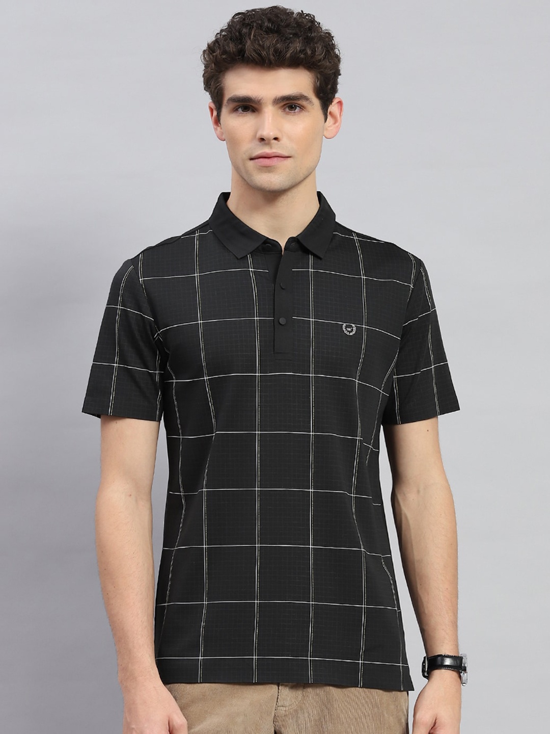 

Monte Carlo Checked Polo Collar Cotton Regular Fit T-shirt, Black