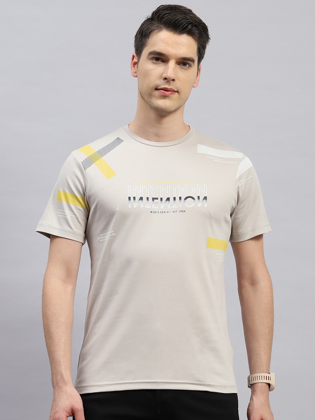 Monte Carlo Round Neck Typography Printed Cotton T-shirt, Beige