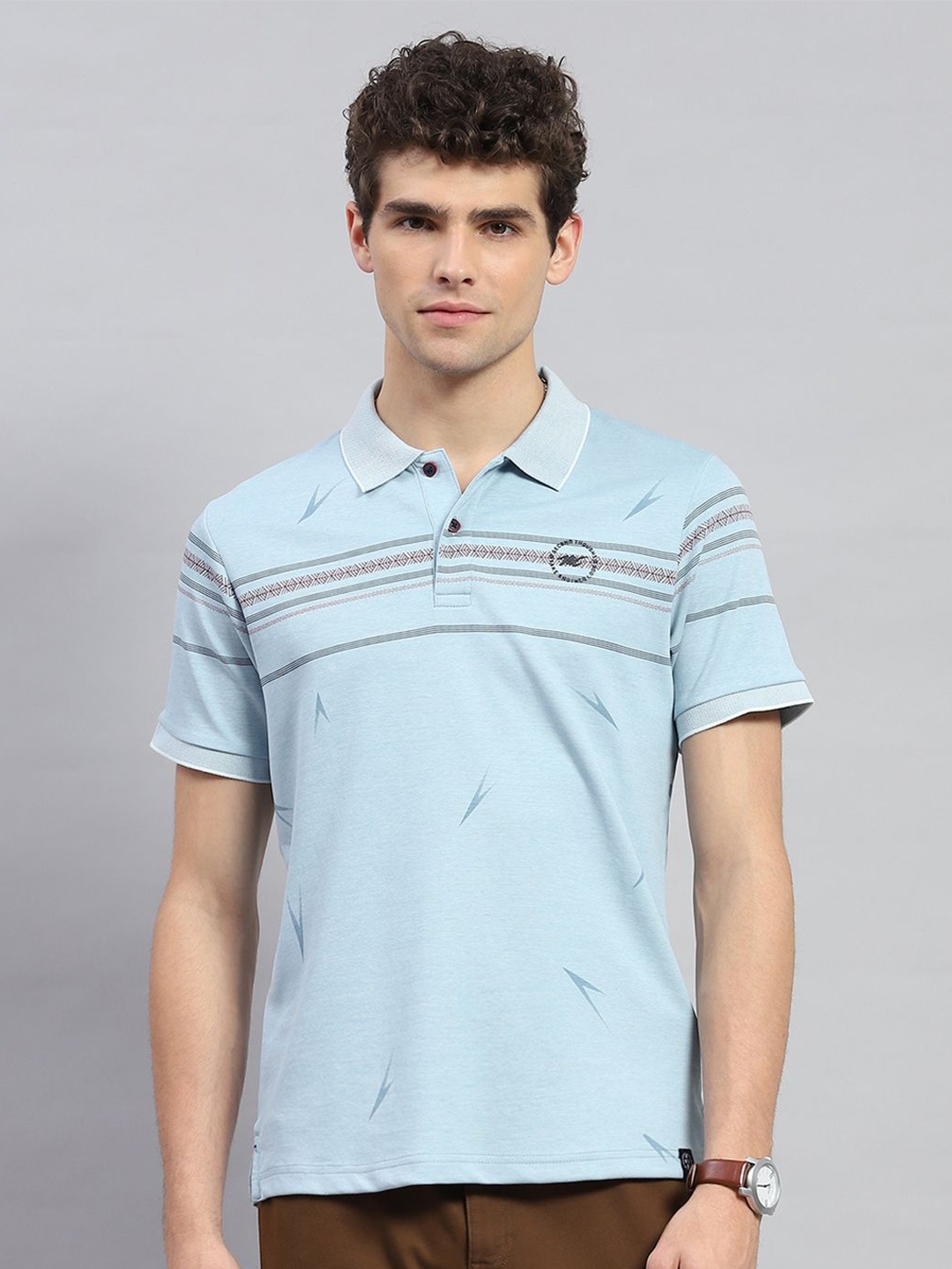

Monte Carlo Striped Short Sleeves Cotton Polo Collar T-shirt, Blue