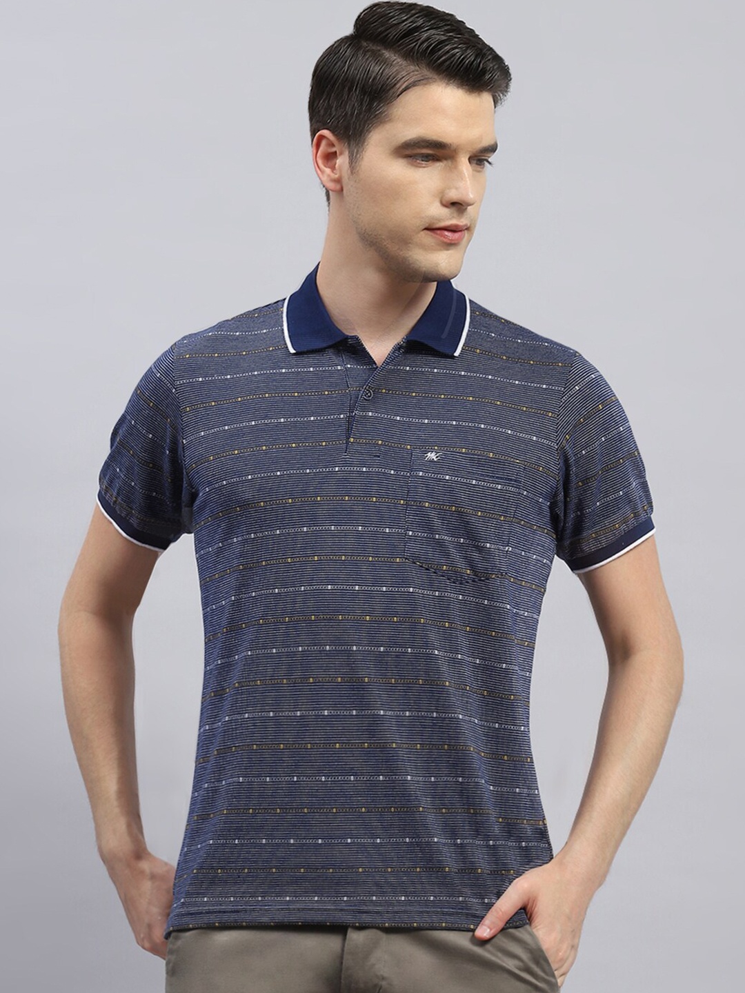 

Monte Carlo Geometric Printed Polo Collar Short Sleeves T-shirt, Navy blue