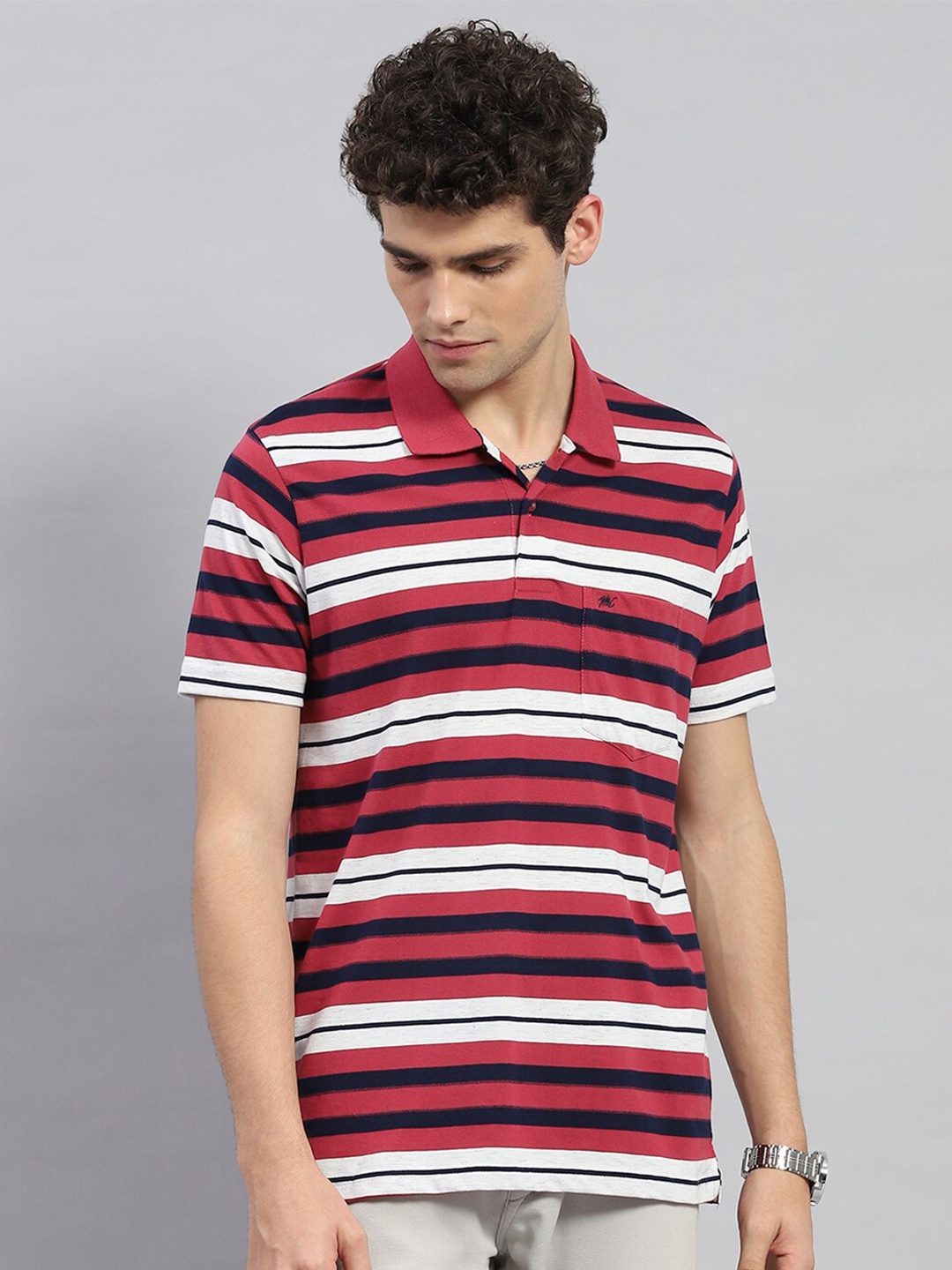 

Monte Carlo Striped Polo Collar Short Sleeves Pockets Cotton T-shirt, Red