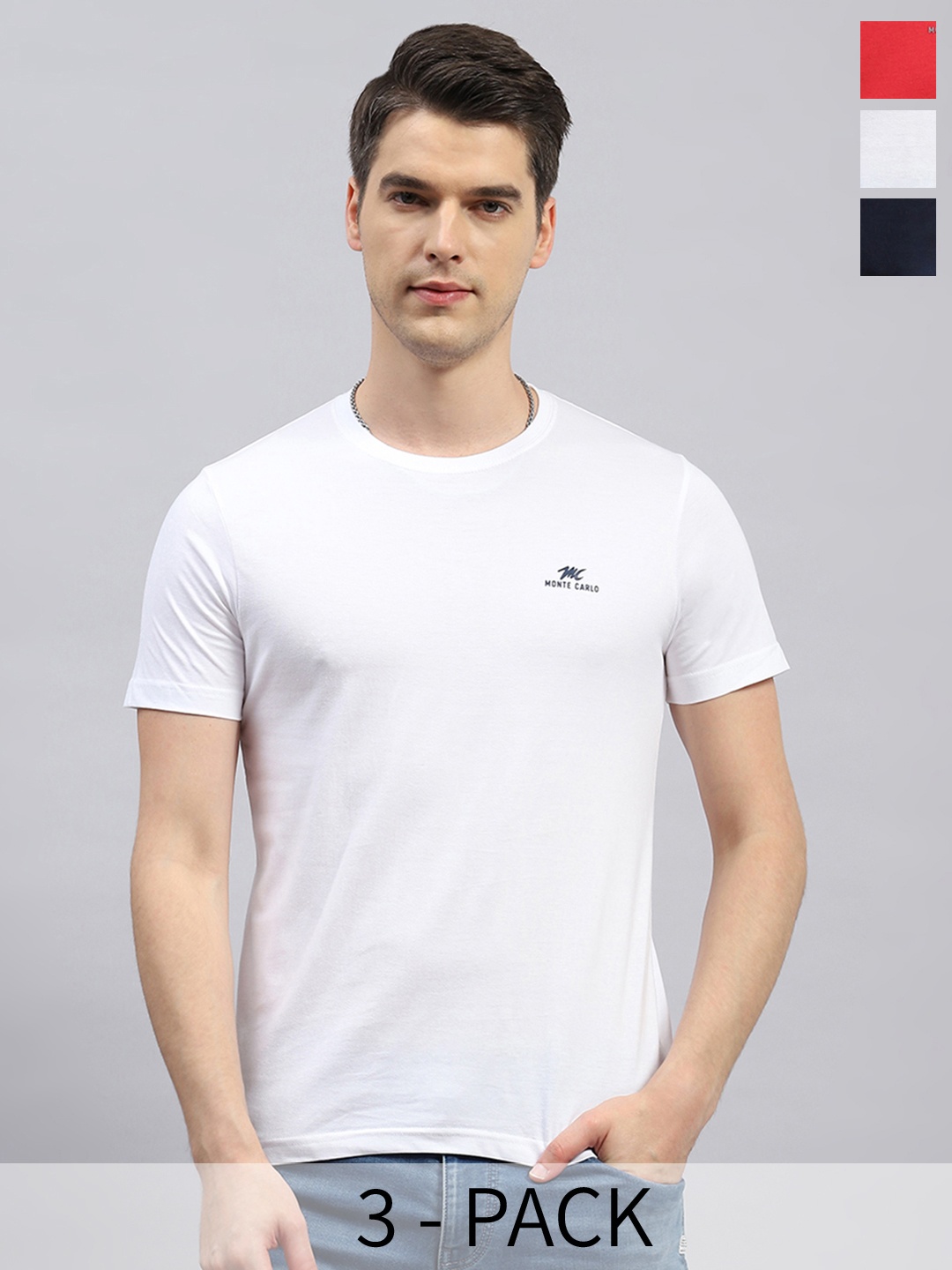 

Monte Carlo Pack of 3 Round Neck Cotton T-shirt, Red