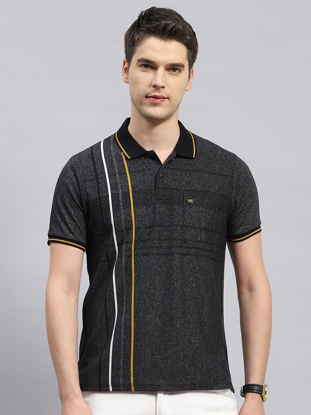 

Monte Carlo Striped Polo Collar Short Sleeves Cotton T-shirt, Black