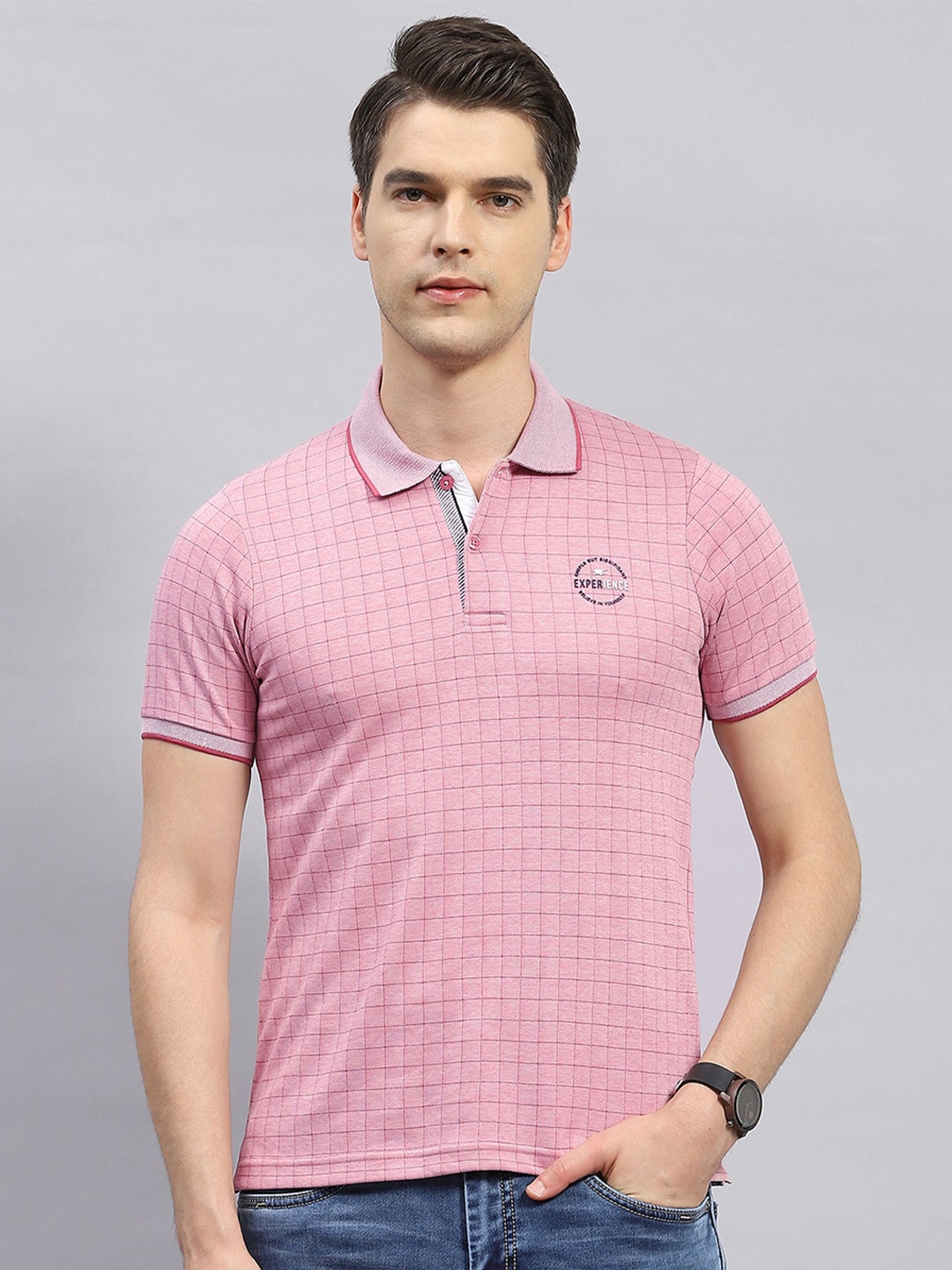 

Monte Carlo Polo Collar Short Sleeves Self Design Cotton Regular Fit T-shirt, Pink