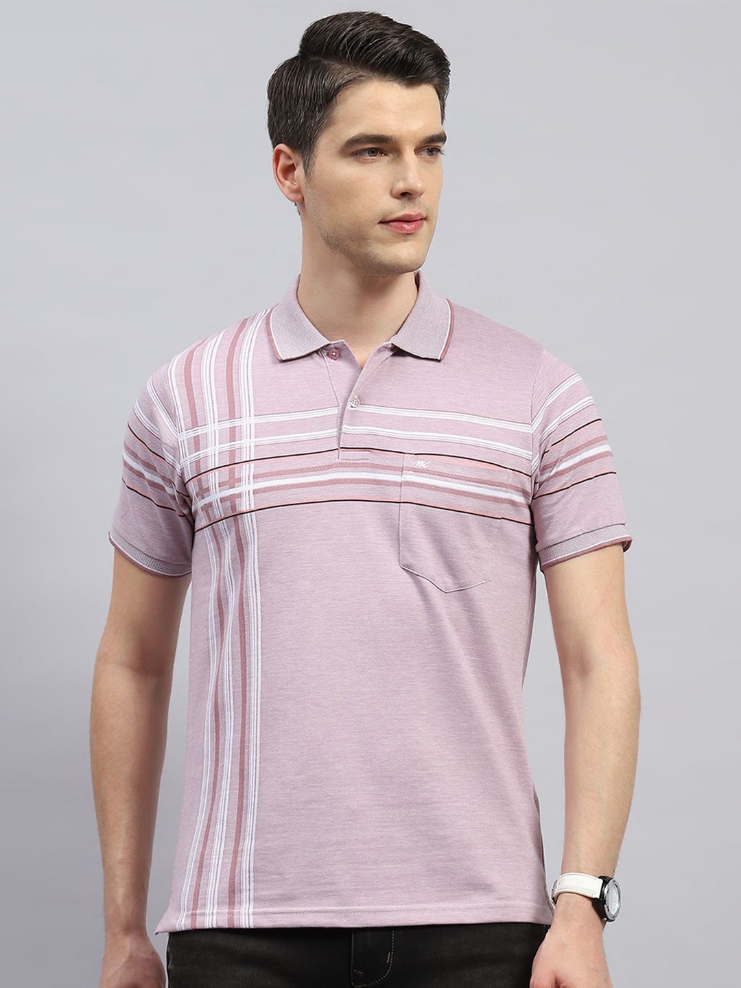 

Monte Carlo Striped Polo Collar Cotton Casual T-shirt, Peach