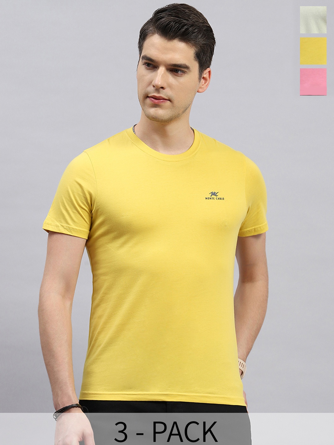 

Monte Carlo Pack of 3 Round Neck Cotton T-shirt, Yellow