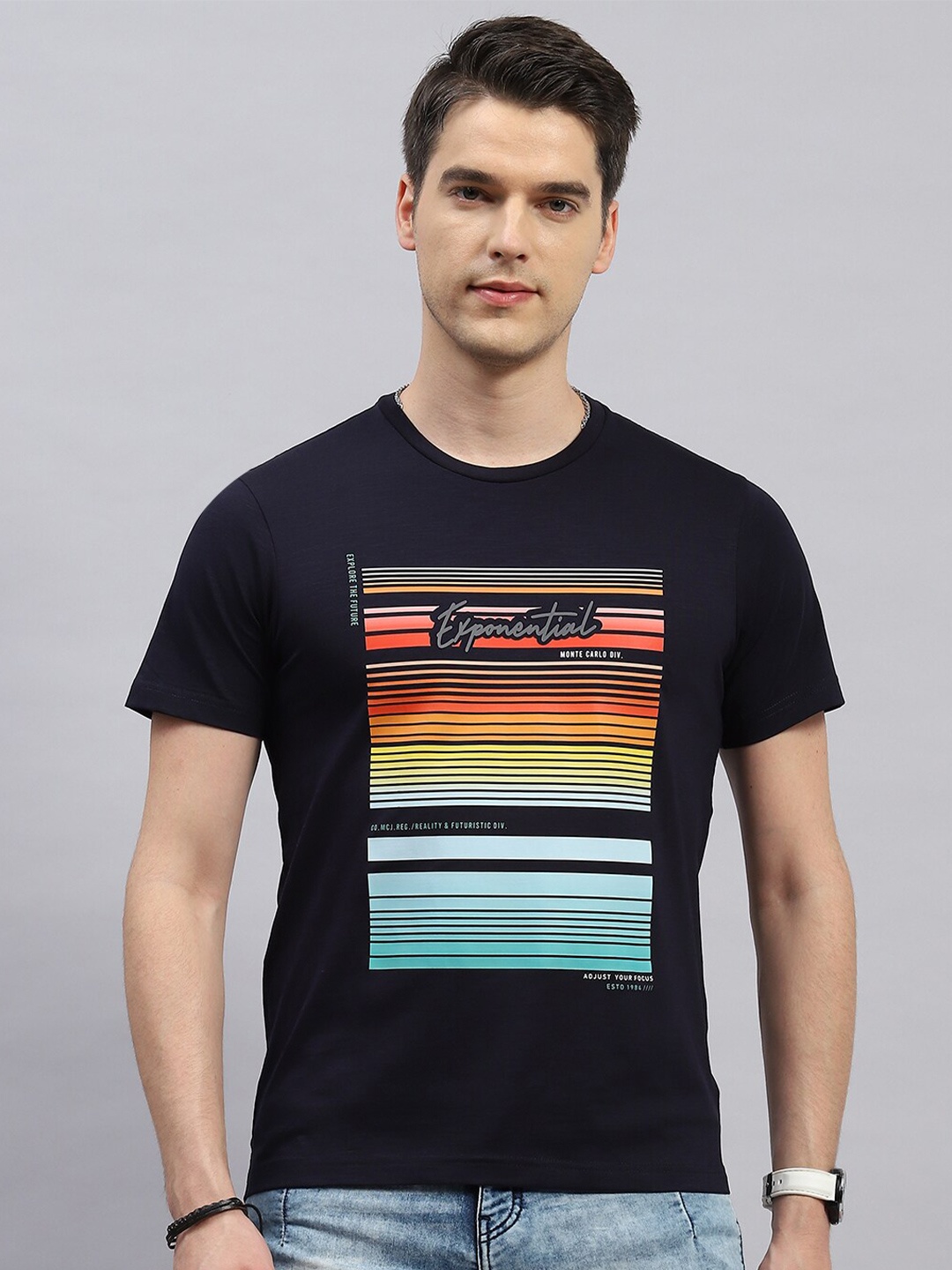 

Monte Carlo Round Neck Short Sleeves Striped Cotton T-shirt, Navy blue
