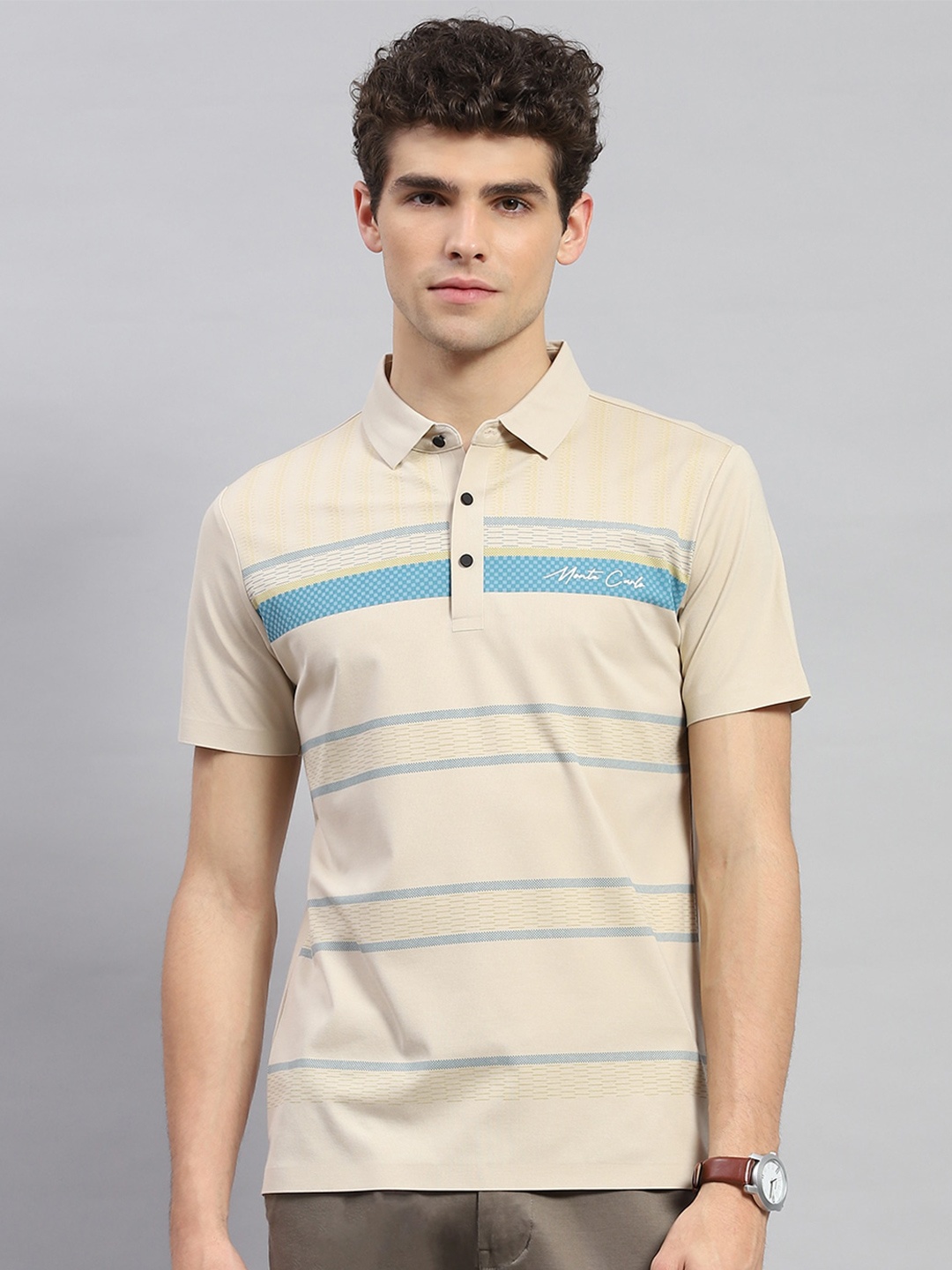 

Monte Carlo Striped Polo Collar Cotton T-shirt, Beige