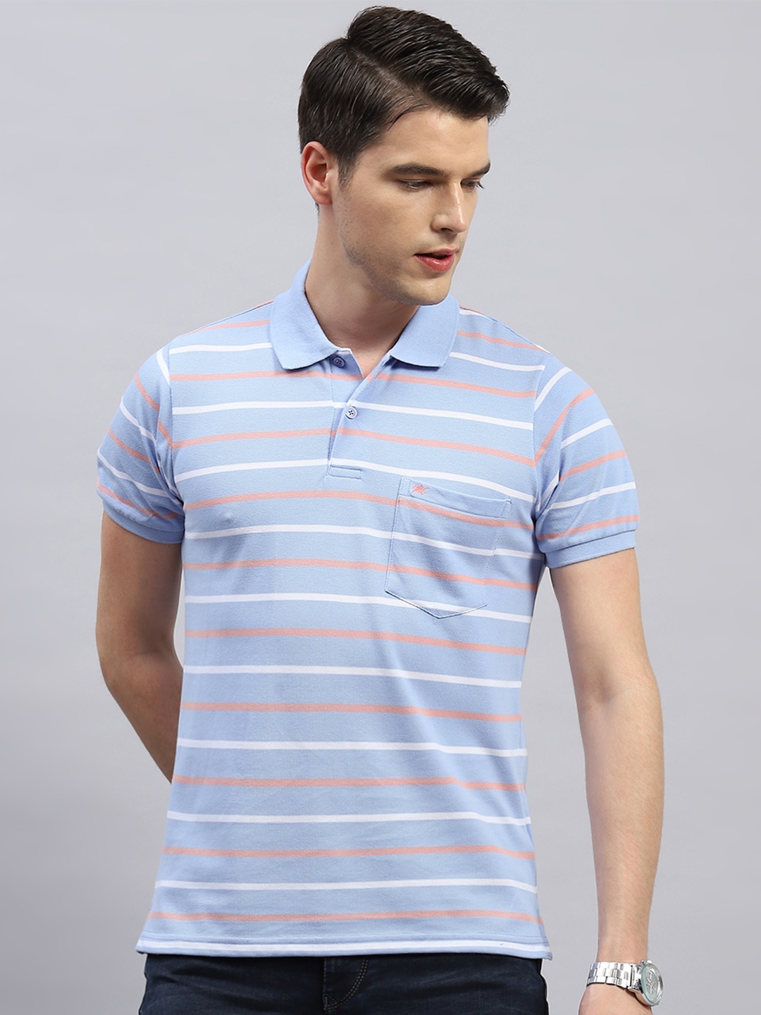 

Monte Carlo Striped Polo Collar Short Sleeves Pockets Cotton Regular Fit T-shirt, Blue