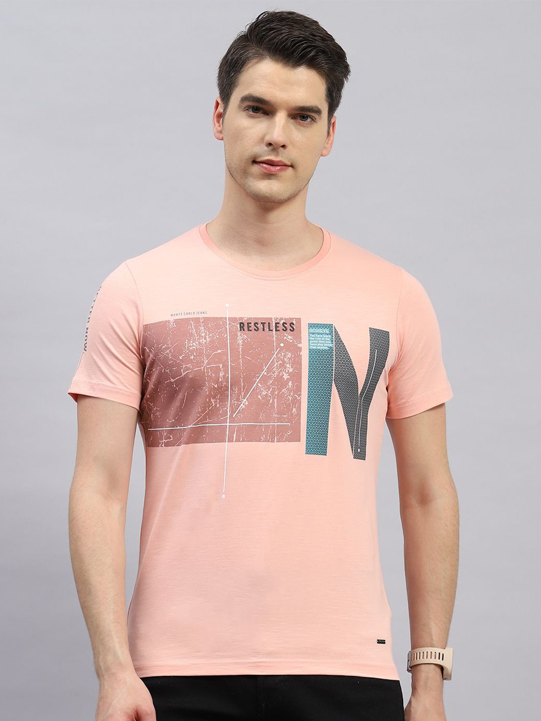 

Monte Carlo Graphic Printed Round Neck Cotton Casual T-shirt, Pink