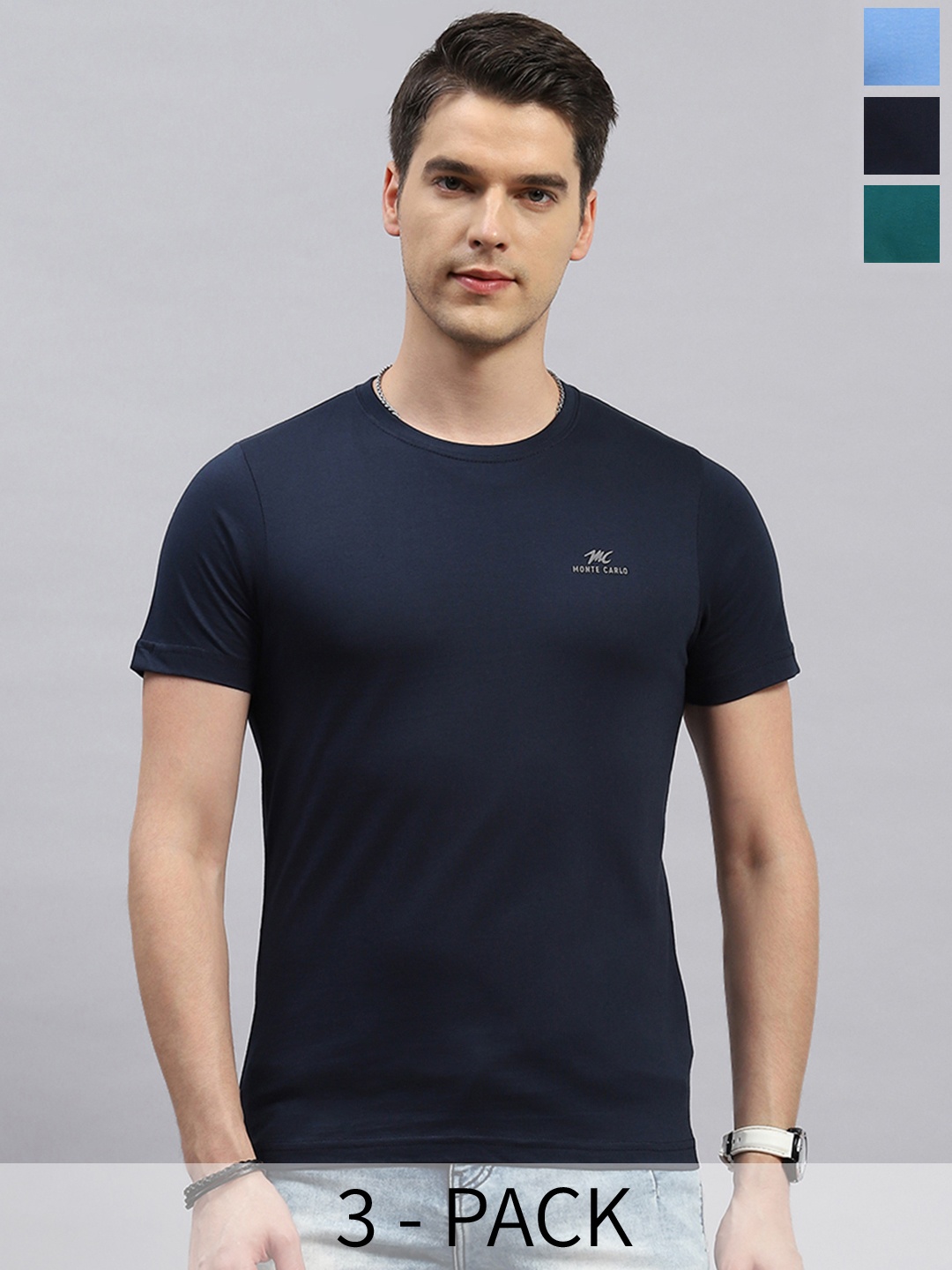 

Monte Carlo Pack of 3 Round Neck Cotton T-shirt, Teal