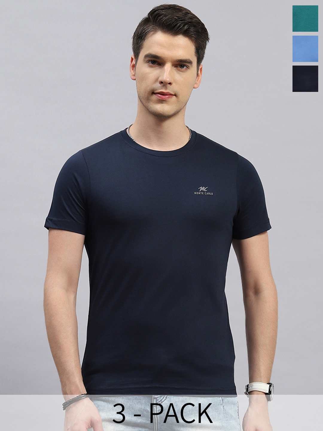 

Monte Carlo Pack of 3 Round Neck Cotton T-shirt, Teal