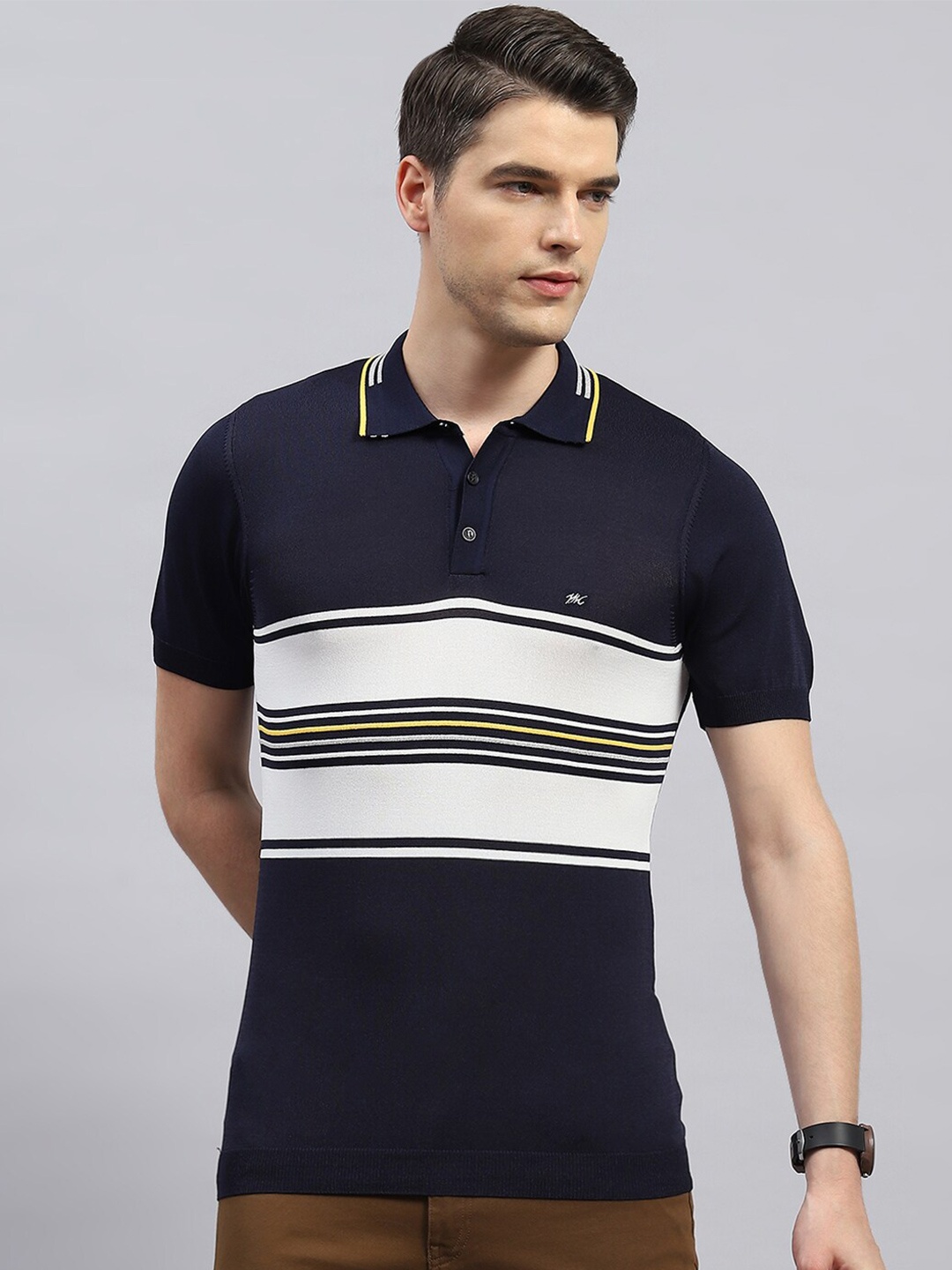 

Monte Carlo Striped Polo Collar T-shirt, Navy blue