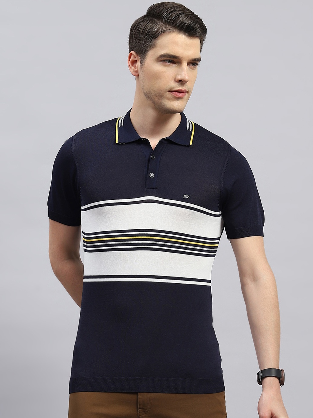 

Monte Carlo Polo Collar Short Sleeves Striped Regular Fit T-shirt, Navy blue