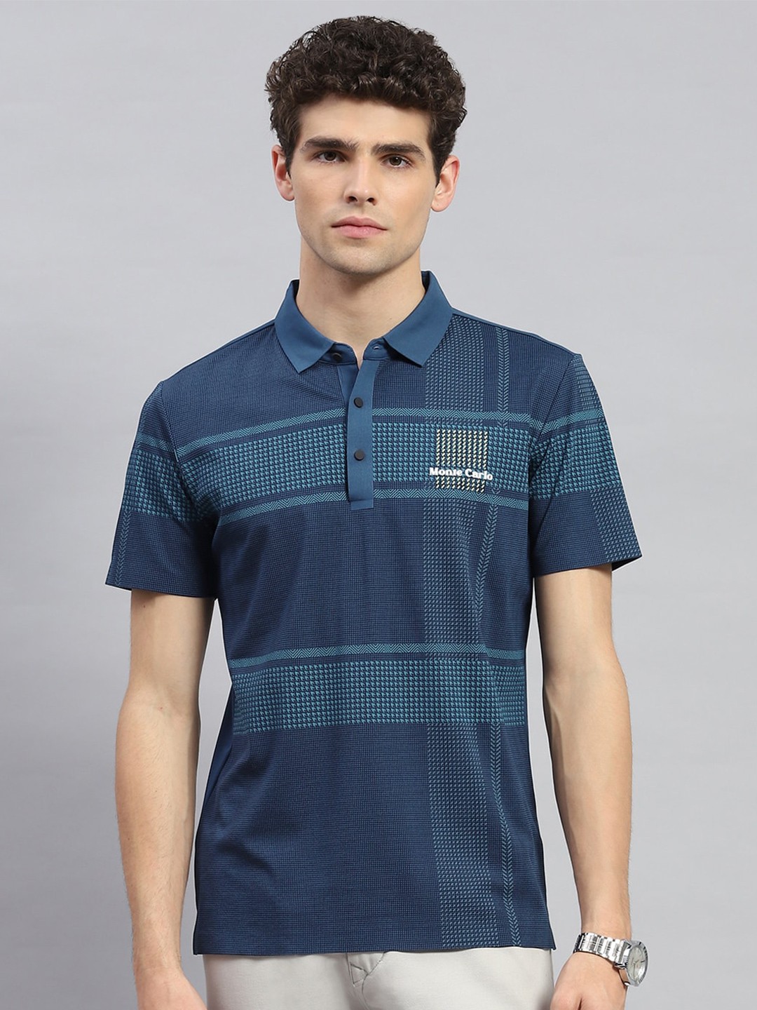 

Monte Carlo Striped Polo Collar Cotton T-shirt, Teal