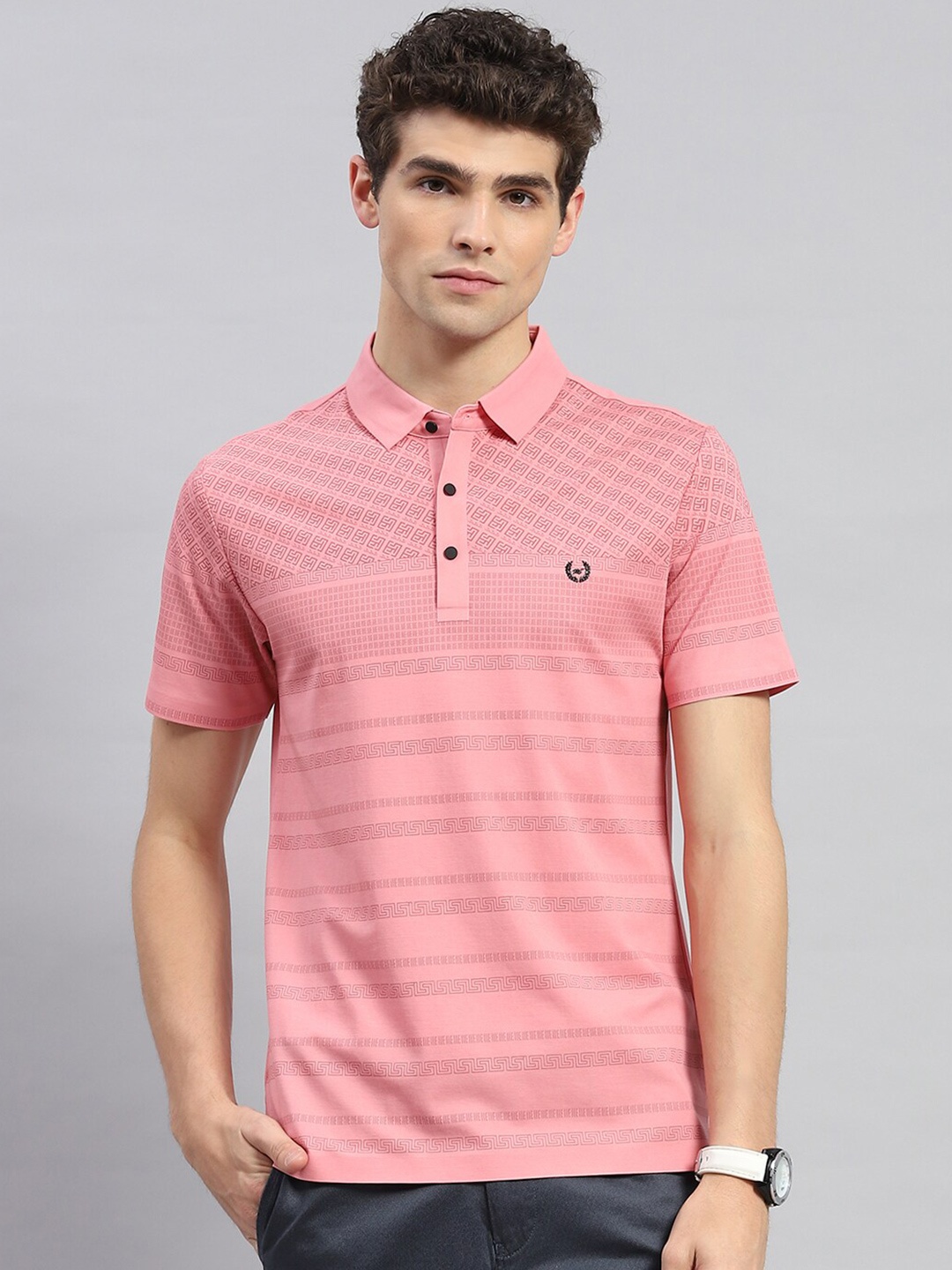 

Monte Carlo Abstract Printed Polo Collar Cotton Regular Fit T-shirt, Peach