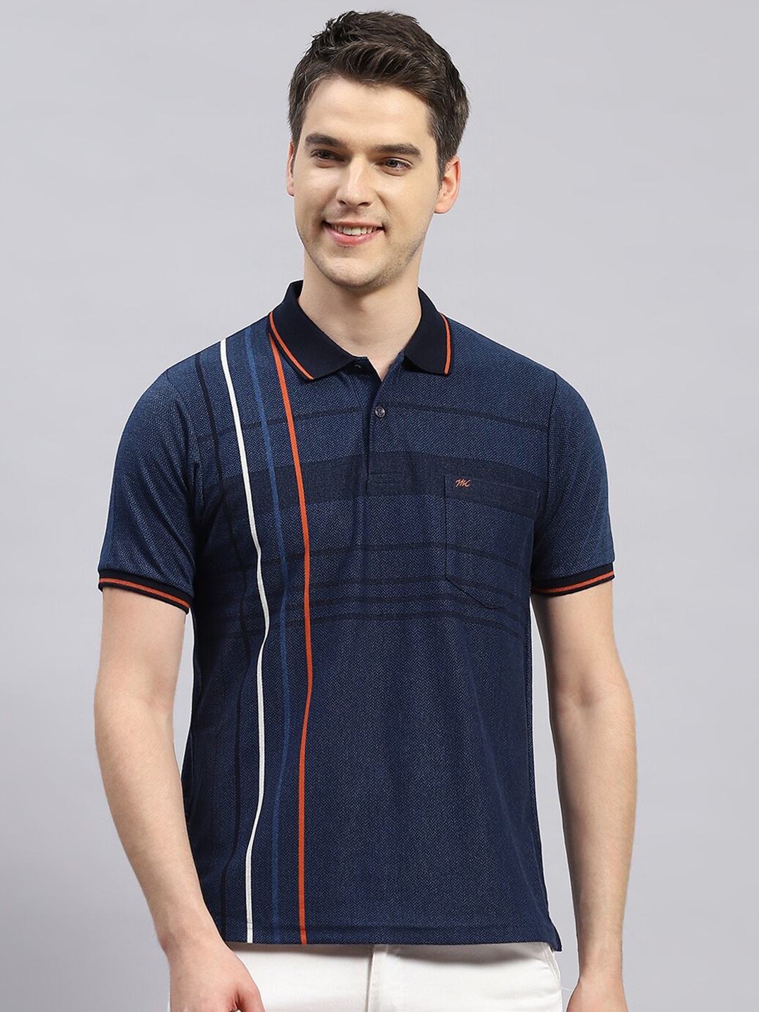 

Monte Carlo Striped Polo Collar Cotton Casual T-shirt, Navy blue