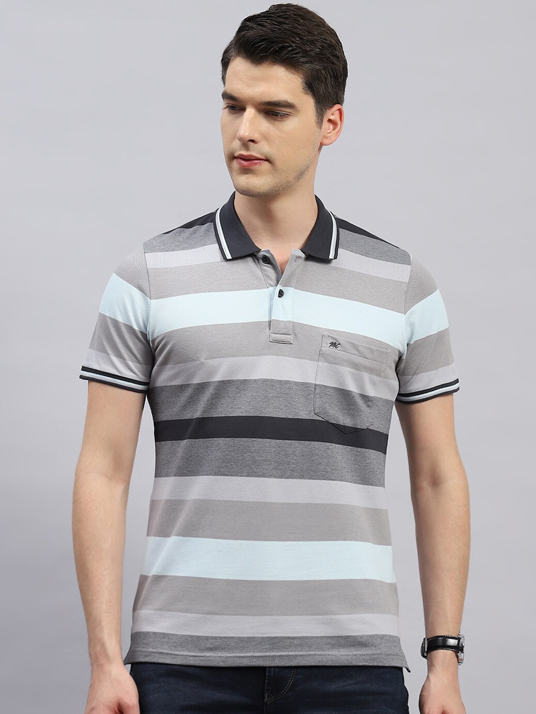 

Monte Carlo Striped Polo Collar Casual T-shirt, Grey