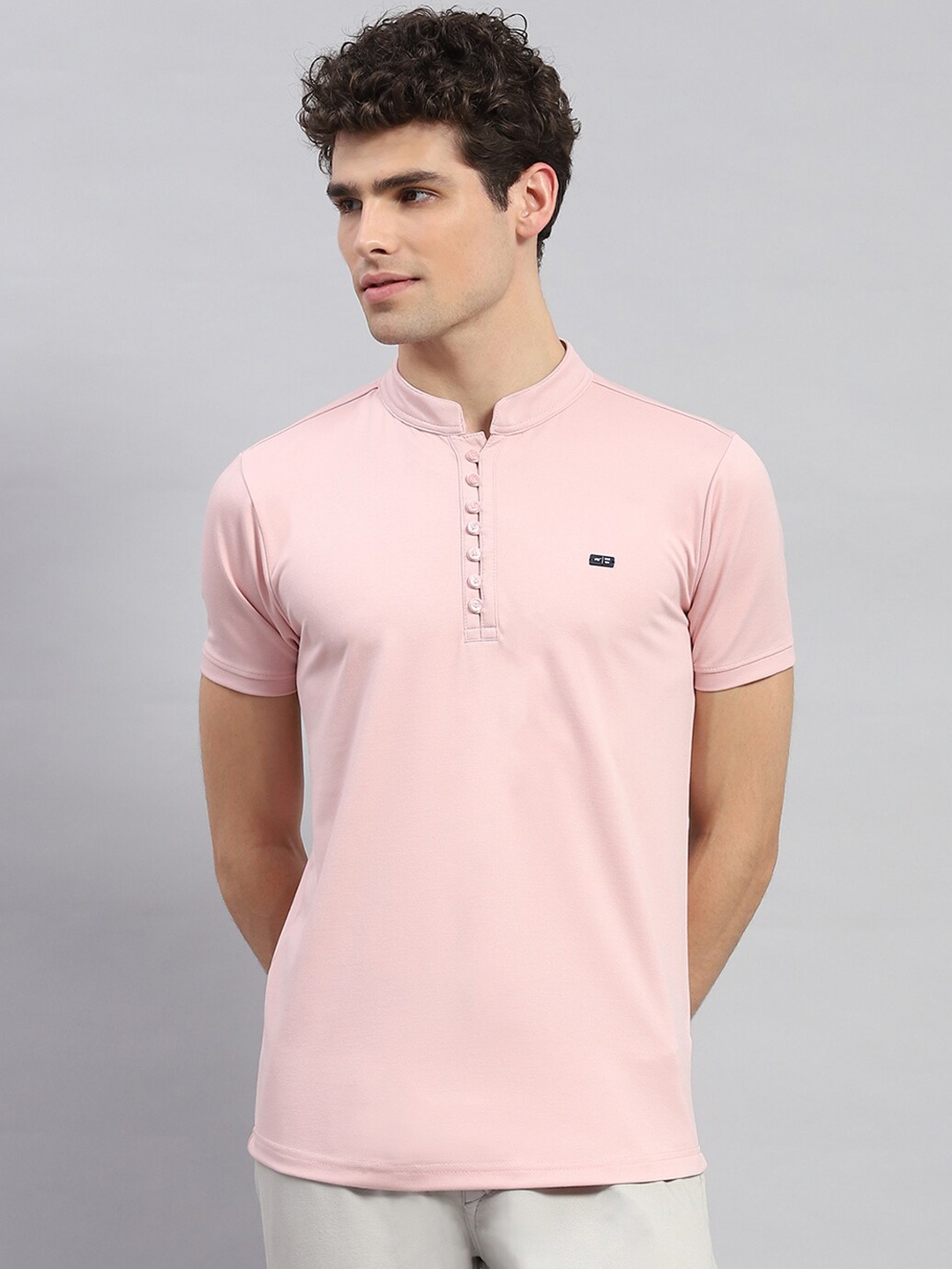 

Monte Carlo Mandarin Collar Short Sleeves Cotton Regular Fit T-shirt, Pink