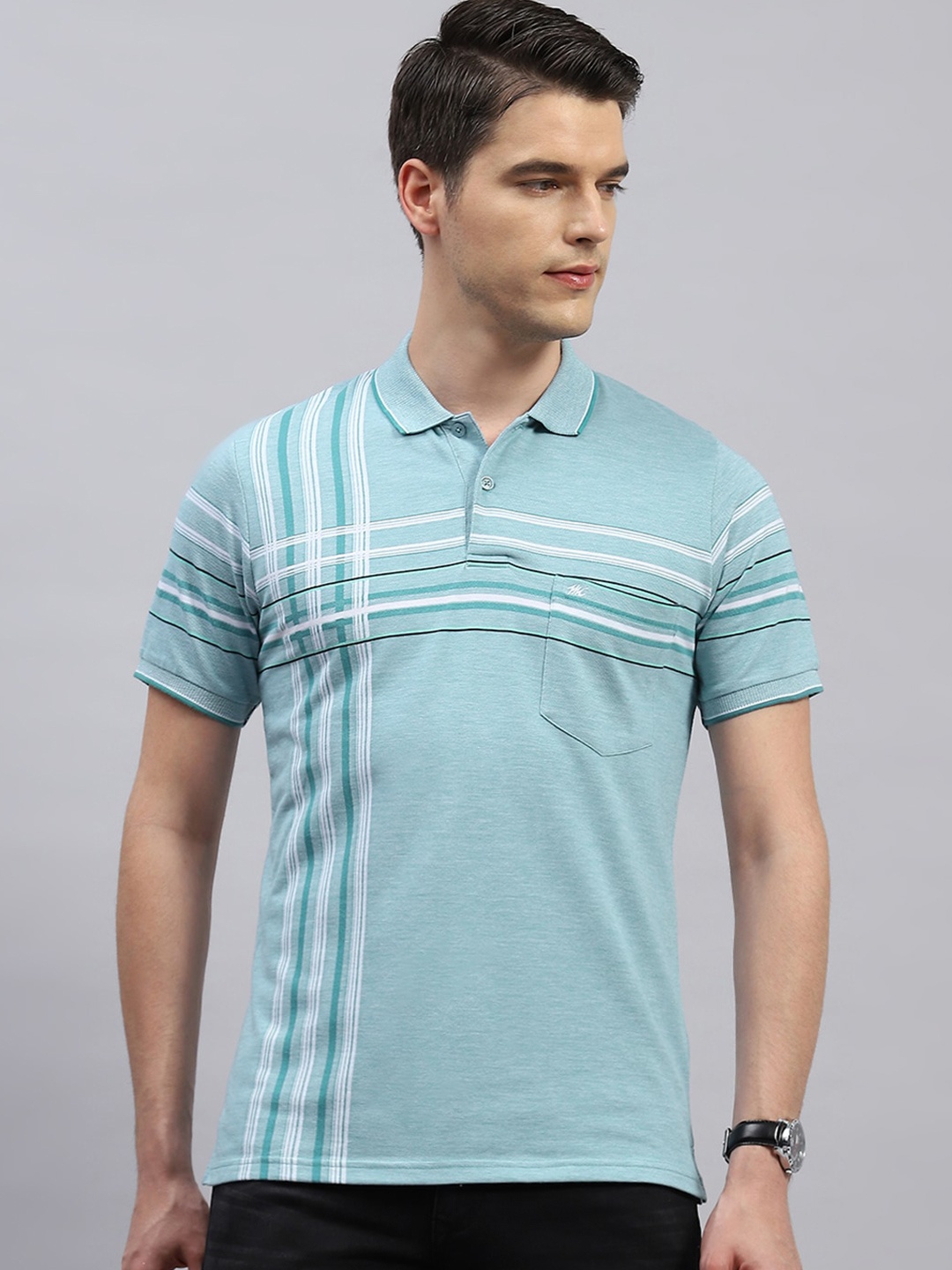 

Monte Carlo Striped Polo Collar Cotton T-shirt, Blue