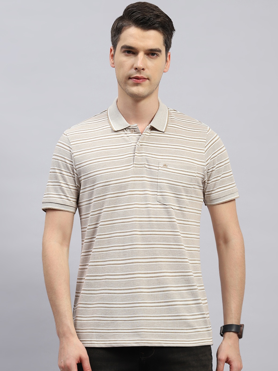 

Monte Carlo Striped Short Sleeves Cotton Polo Collar T-shirt, Beige