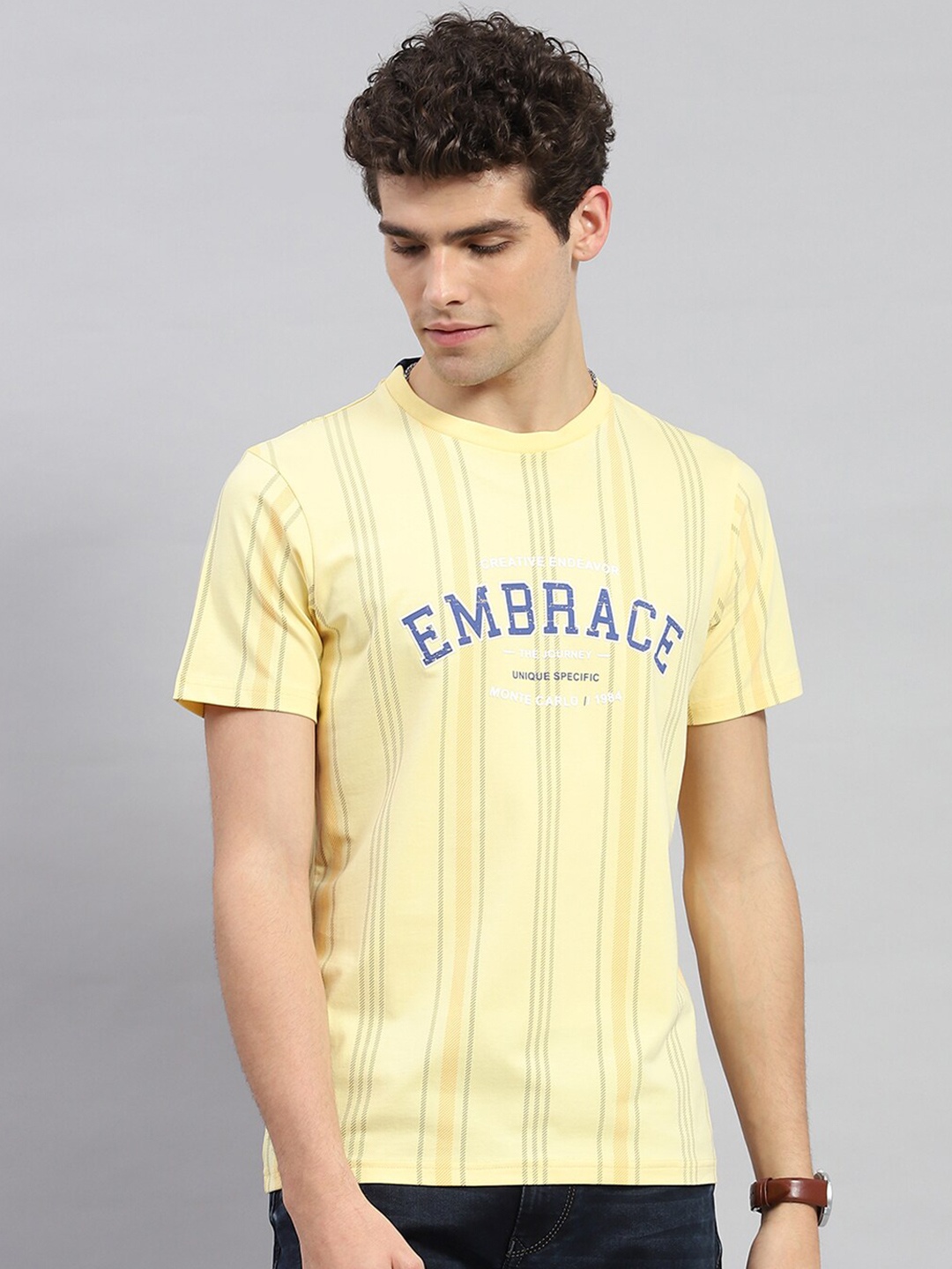 

Monte Carlo Typography Printed Round Neck Cotton T-shirt, Yellow