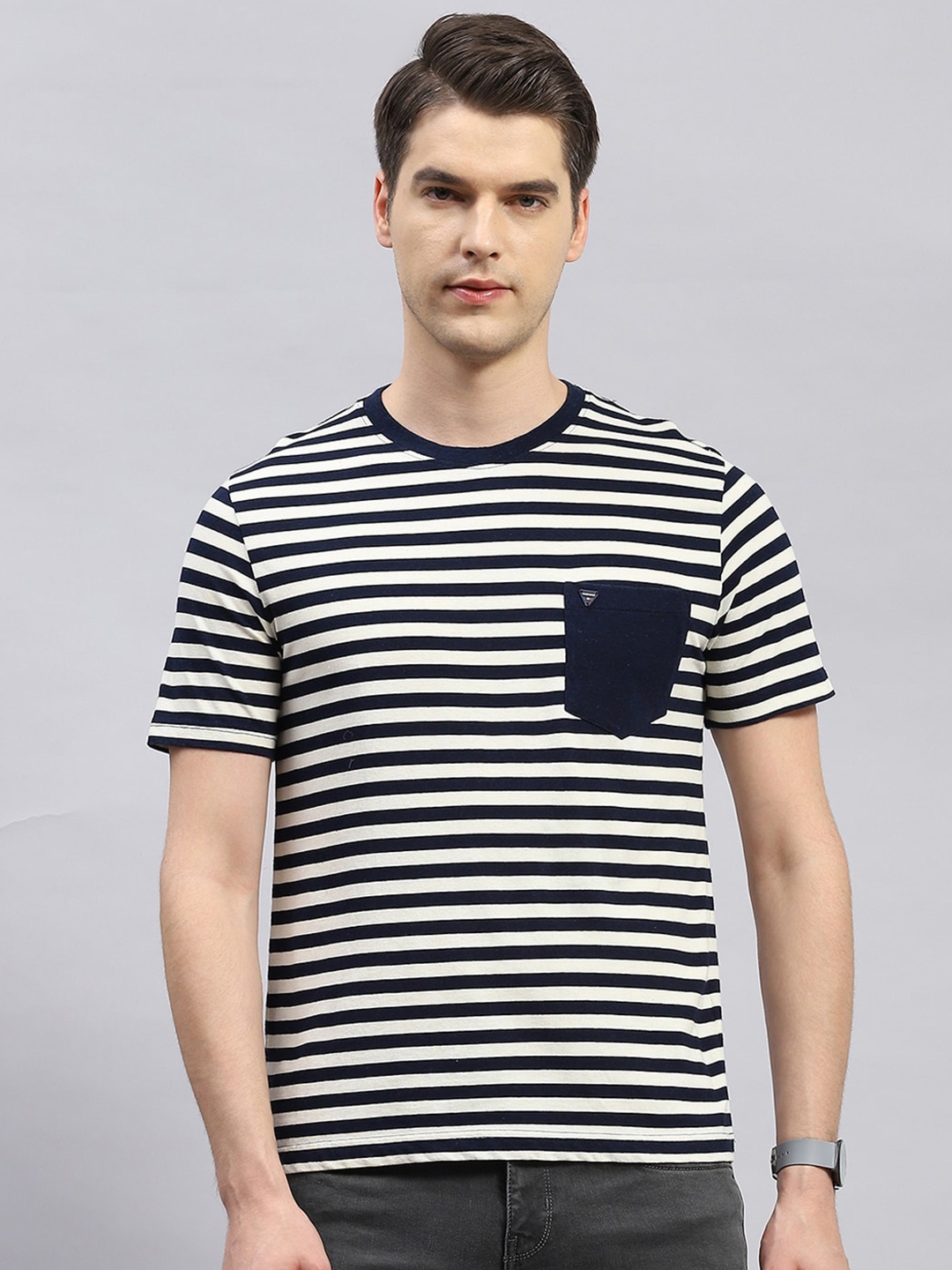 

Monte Carlo Striped Round Neck Regular Fit T-shirt, Navy blue