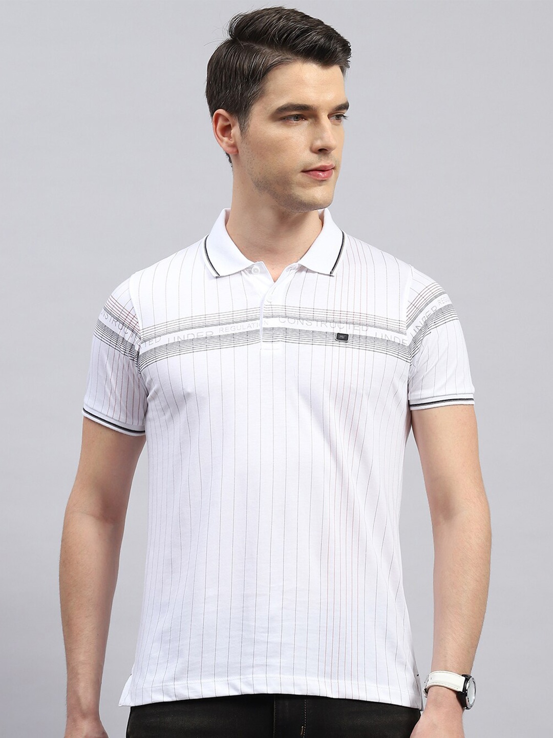 

Monte Carlo Striped Short Sleeves Polo Collar Cotton T-shirt, White