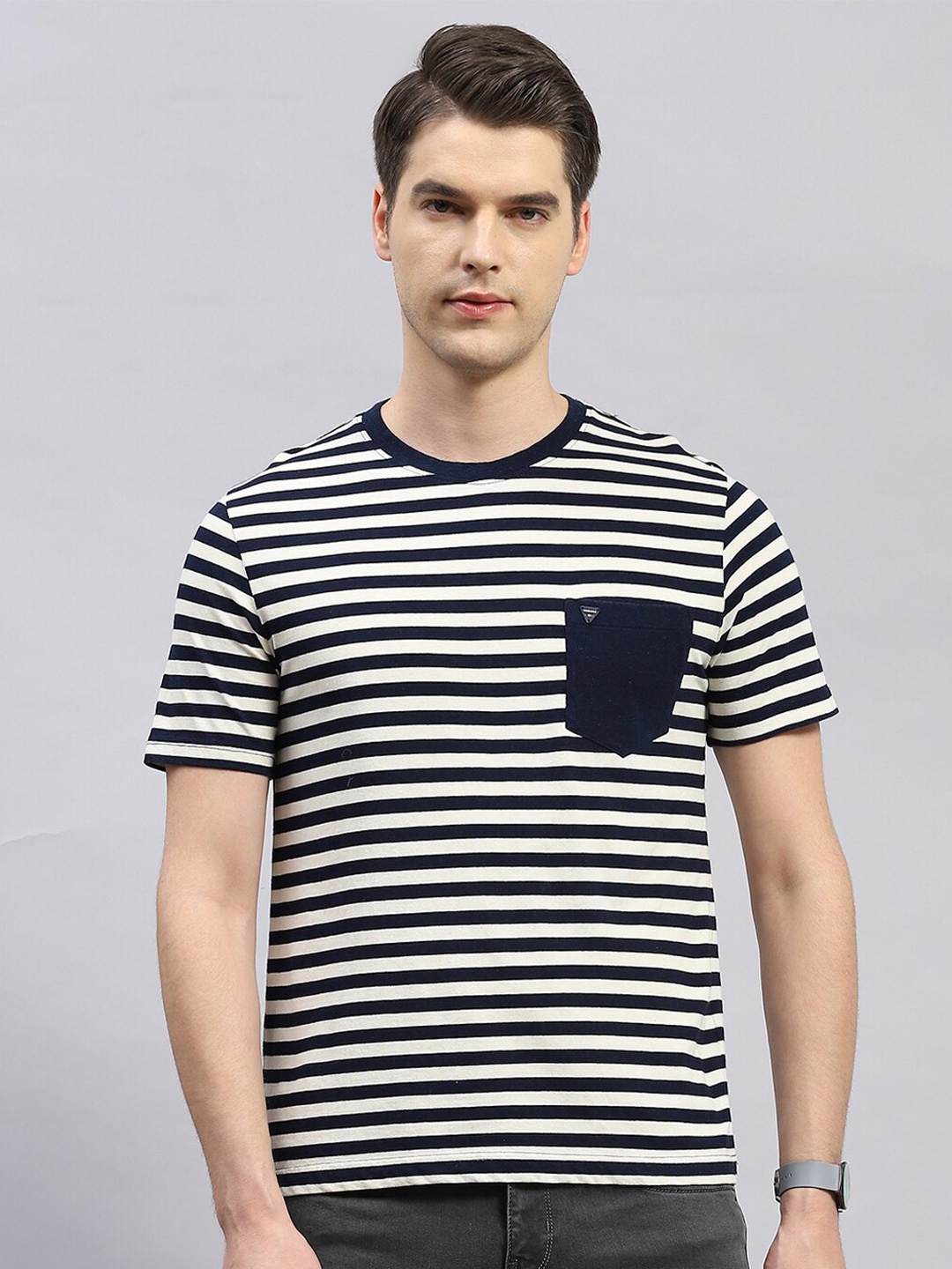 

Monte Carlo Round Neck Striped Pockets T-shirt, Navy blue