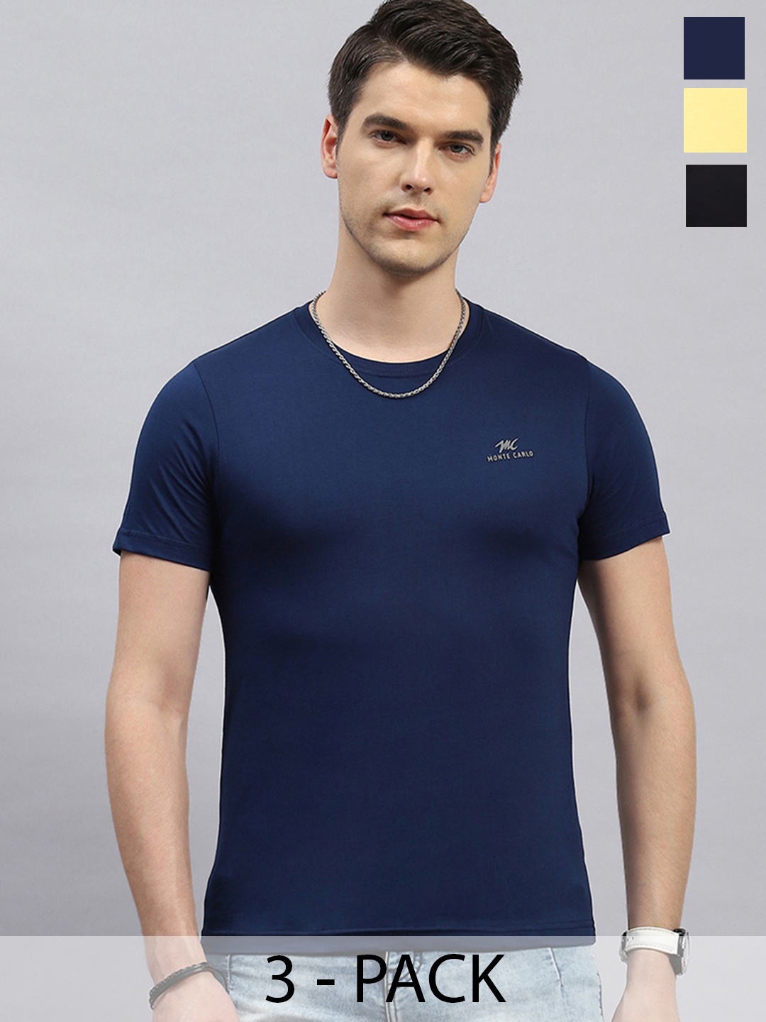 

Monte Carlo Pack of 3 Round Neck Cotton T-shirt, Navy blue