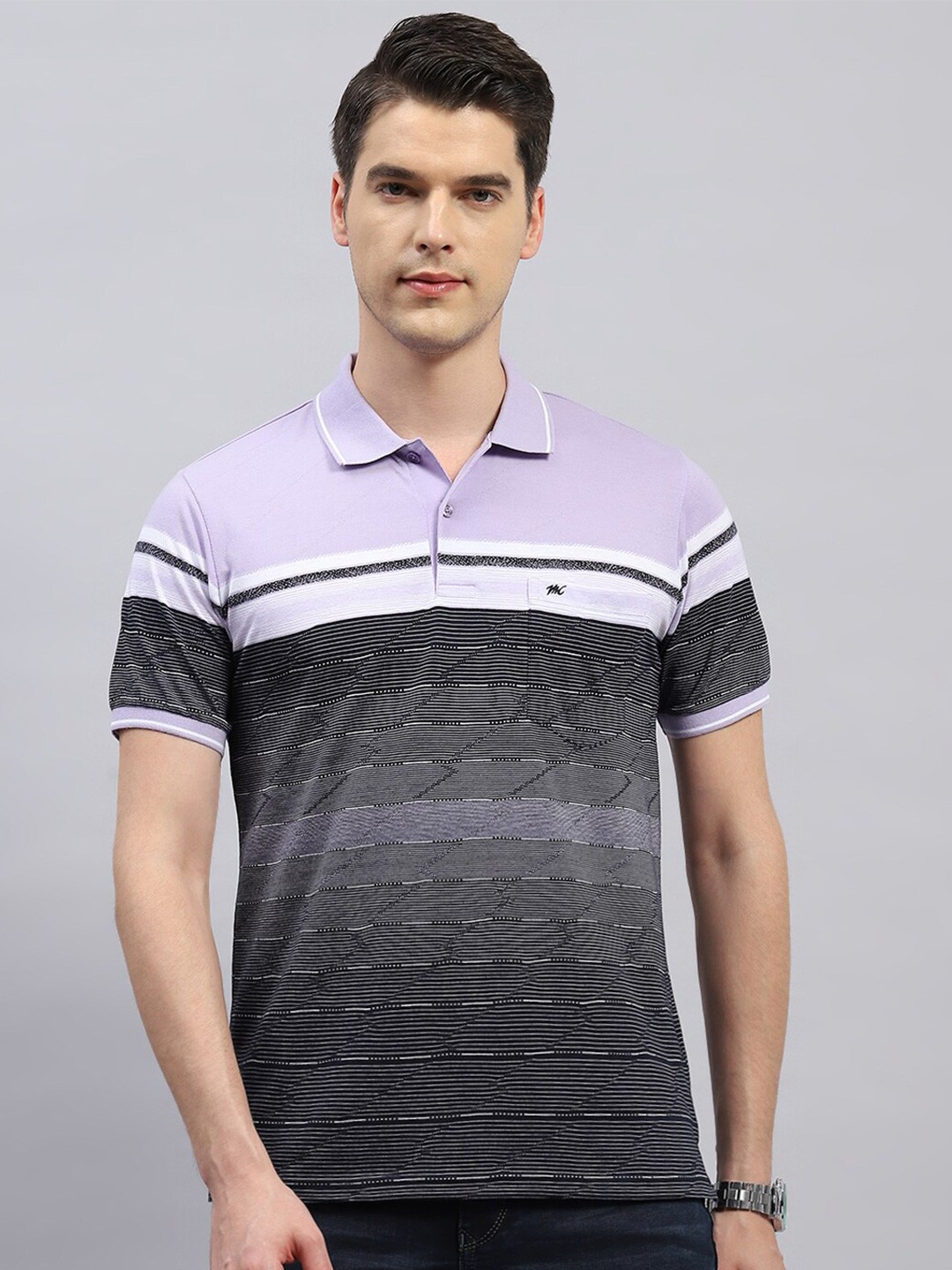 

Monte Carlo Striped Polo Collar Short Sleeves Pockets Cotton T-shirt, Purple